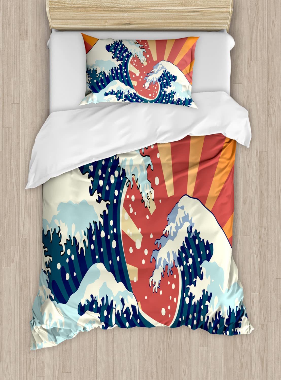 Ambesonne Japanese Wave Duvet Cover Set - Twin Size 2-Piece Set with 2 Pillowcases, Abstract Ocean Sunset Design, Coral Color Coastal Bedding for Summer & Beach Themed Rooms - Perfect for Guest Bedrooms, Vacation Homes, and Coastal Decor