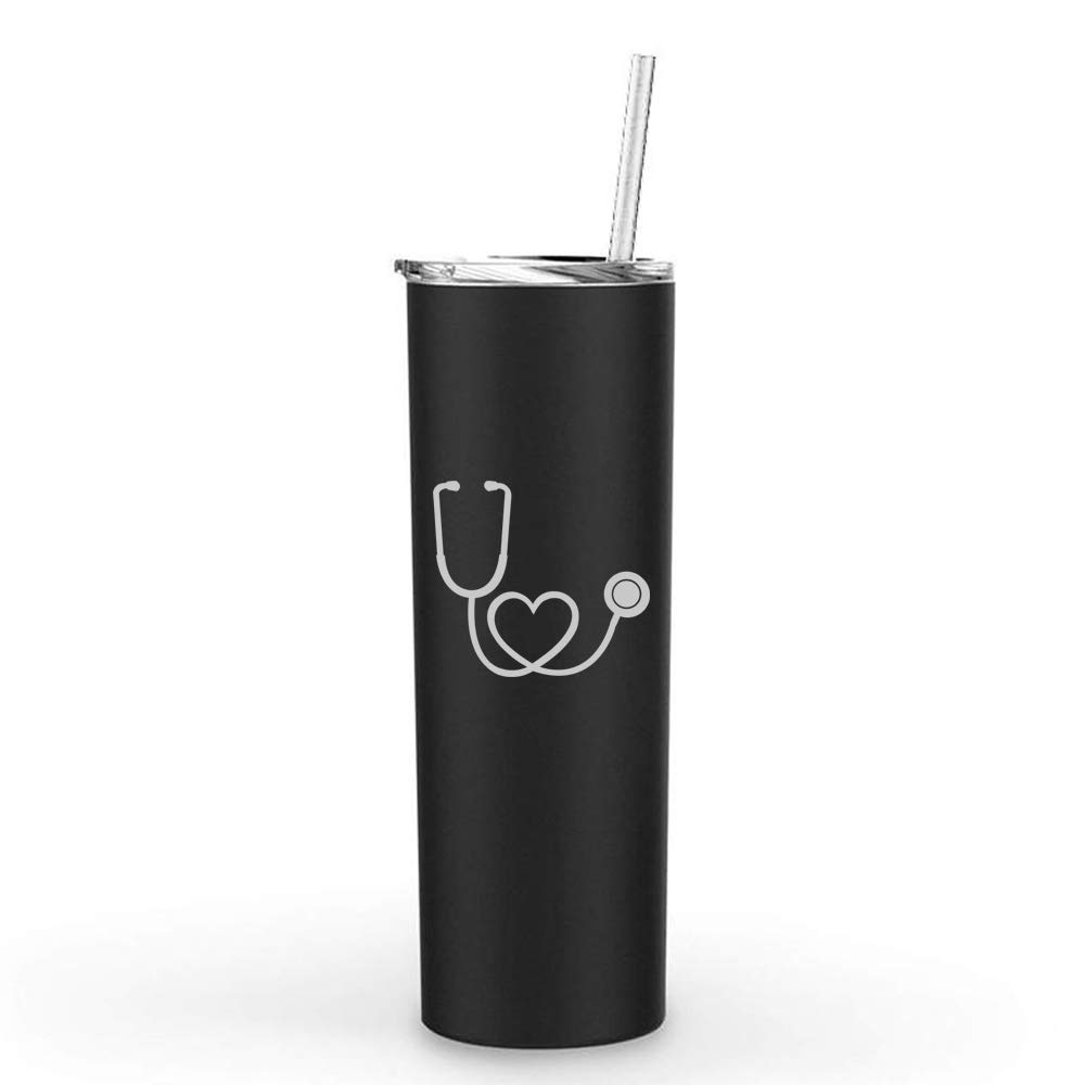 20 oz Skinny Tall Stainless Steel Vacuum Insulated Tumbler with Straw - Heart Stethoscope Design for Nurses & Doctors (Black) | Perfect Travel Mug for Healthcare Professionals, Commuters & Hot/Cold Beverage Lovers