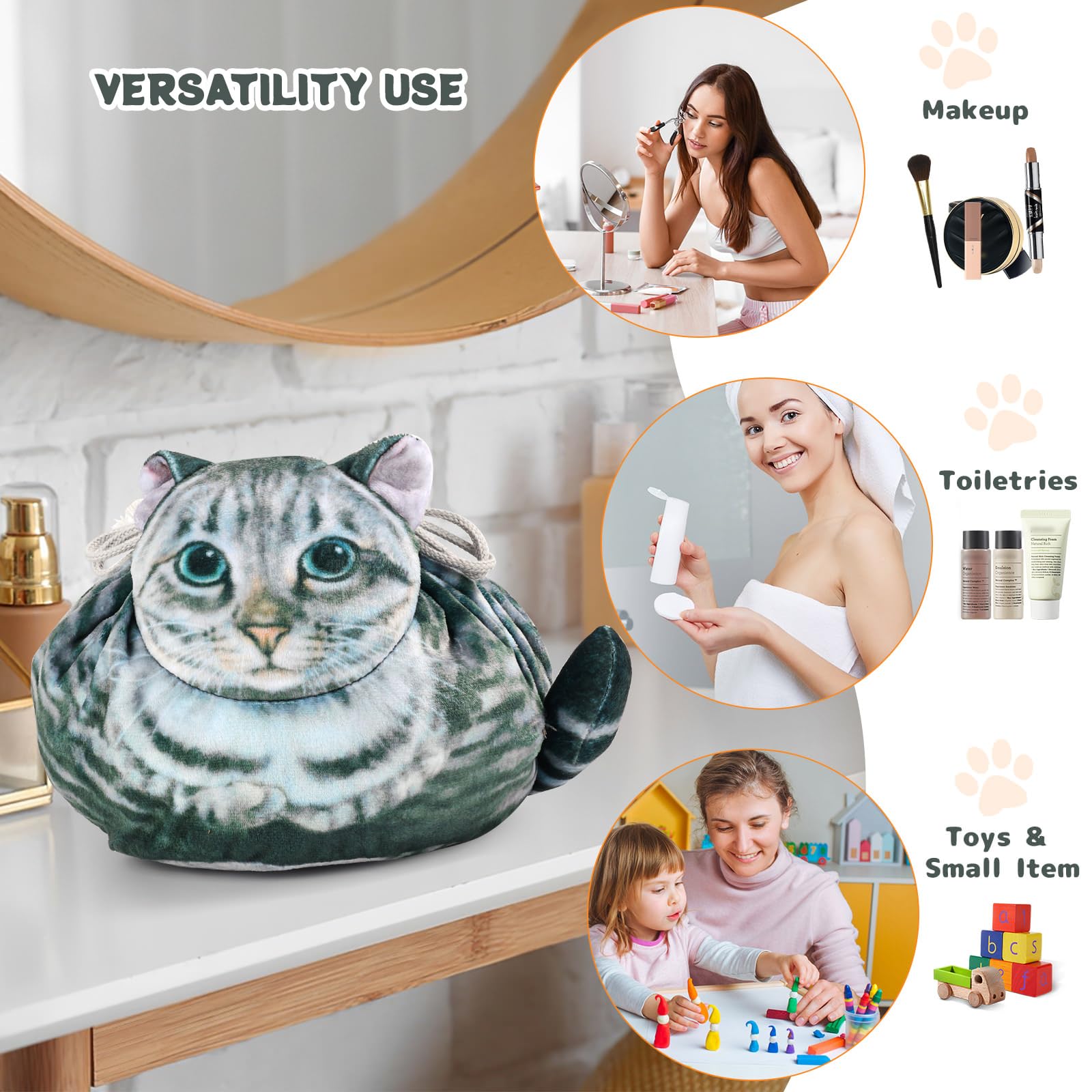 Stylish Grey Tabby Cat Shaped Drawstring Makeup Bag for Women - Cute Cosmetic Case | Perfect for Travel, Gym & Daily Organizer
