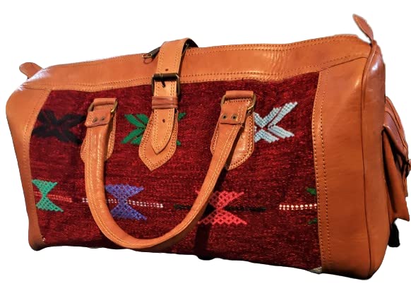 Vintage Red Kilim & Genuine Leather Travel Bag - Durable Handmade Carry-On for Weekend Getaways & Adventure Trips