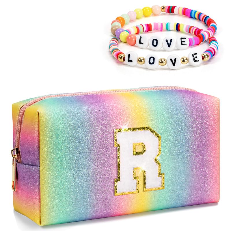 Personalized Initial Makeup Bag for Women Girls Teens - Cute Cosmetic Pouch as Birthday Gift, Easter Present for Daughter Granddaughter - Trendy Preppy Accessories for School, Travel & Daily Use (Small)