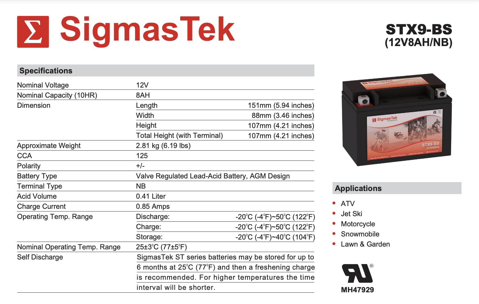 High-Performance SigmasTek 9-BS Motorcycle Replacement Battery for Chrome Battery - Perfect for Harley, Honda & Yamaha Bikes (Long-Lasting Power for Road Trips & Daily Commutes)