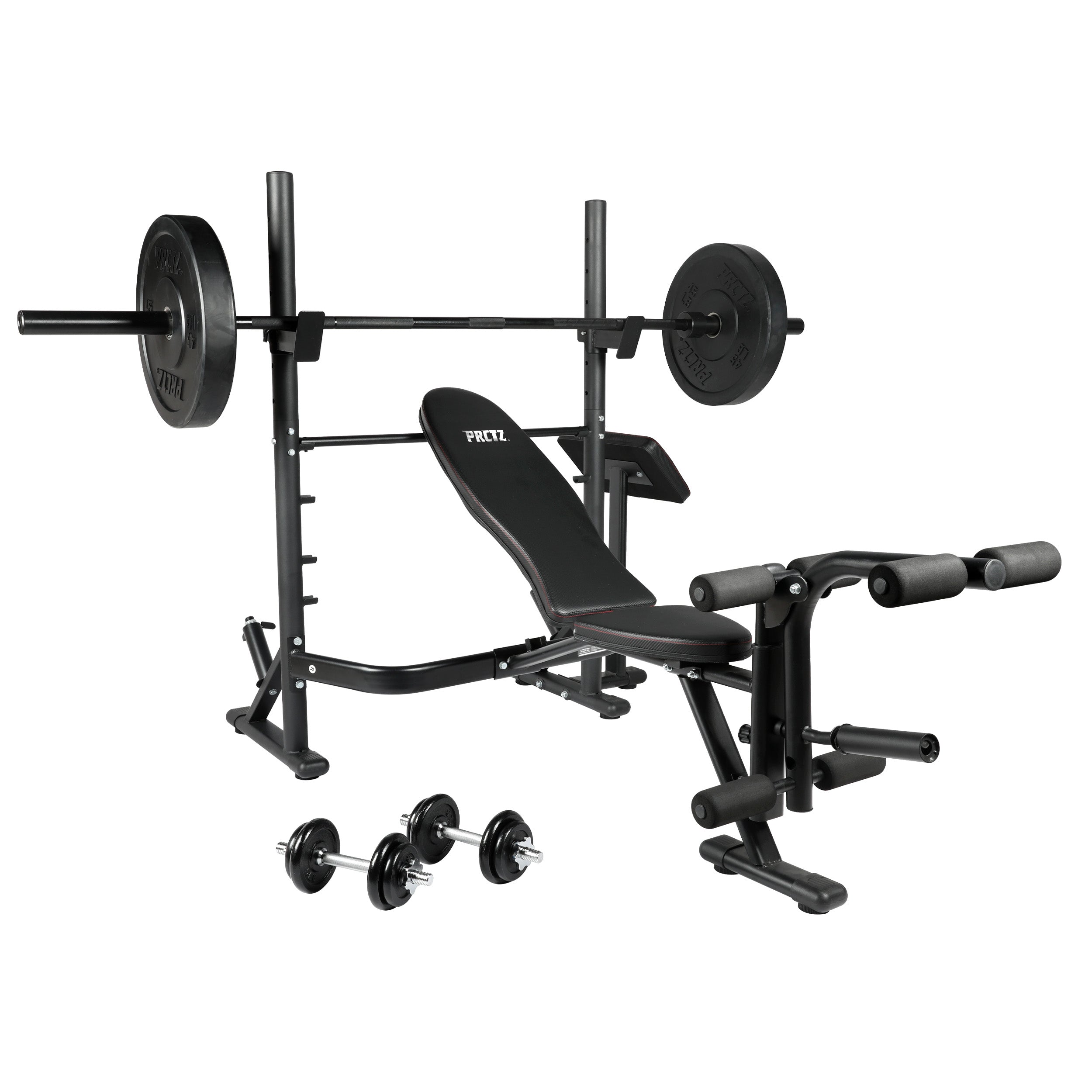PRCTZ SP1 Home Gym Bundle - Adjustable Olympic Weight Bench with Squat Rack, 7ft Olympic Barbell, 45lb Rubber Bumper Plates & 40lb Cast Iron Adjustable Dumbbells - Perfect for Home Workouts, Strength Training & Weightlifting