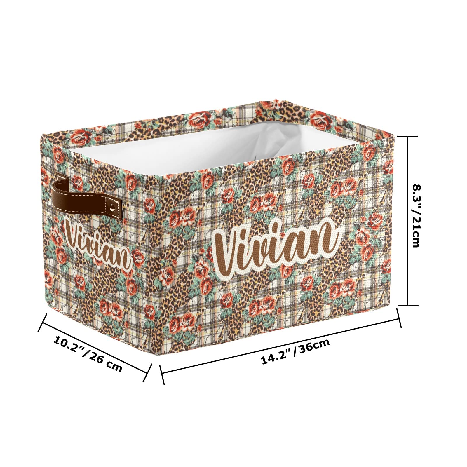 Deven Leopard Plaid Red Flower Personalized Large Storage Baskets with Handle - Decorative Organizing Bins for Shelves, Closet, Bathroom & Nursery - Home Storage Solution (1 Pack) - Perfect for Bedroom Organization, Kids' Toy Storage & Bathroom Essentials