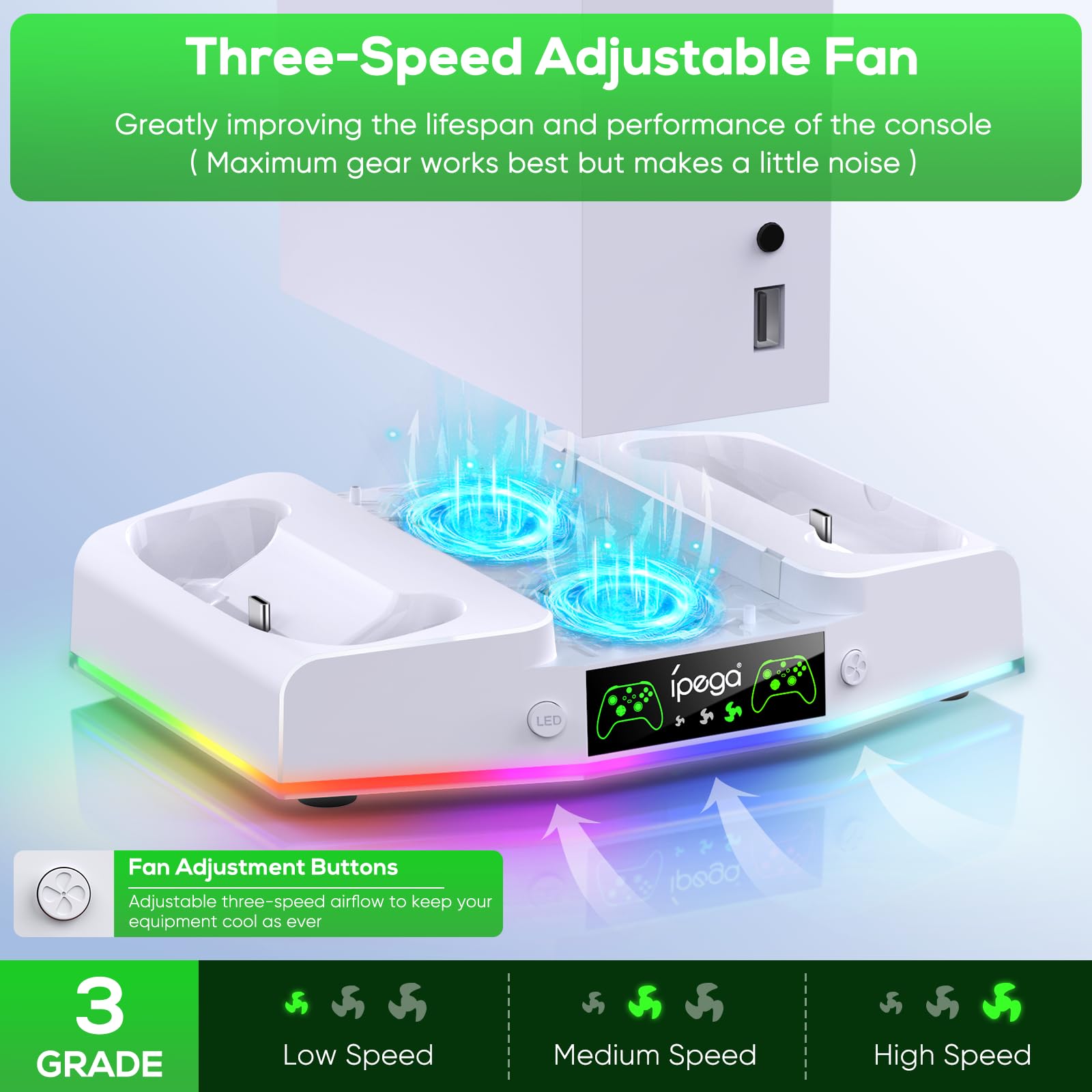 Xbox Series S Charging Station - Vertical Controller Dock with 15 RGB Lights, Cooling Fan System, 2X 1400mAh Rechargeable Batteries & Headset Holder - Perfect for Gaming Setup & Accessories Organization