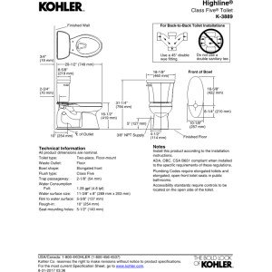 Kohler KOH3889-0 Highline 1.28 GPF Elongated Comfort Height Toilet - 2-Piece White Bathroom Toilet with 10
