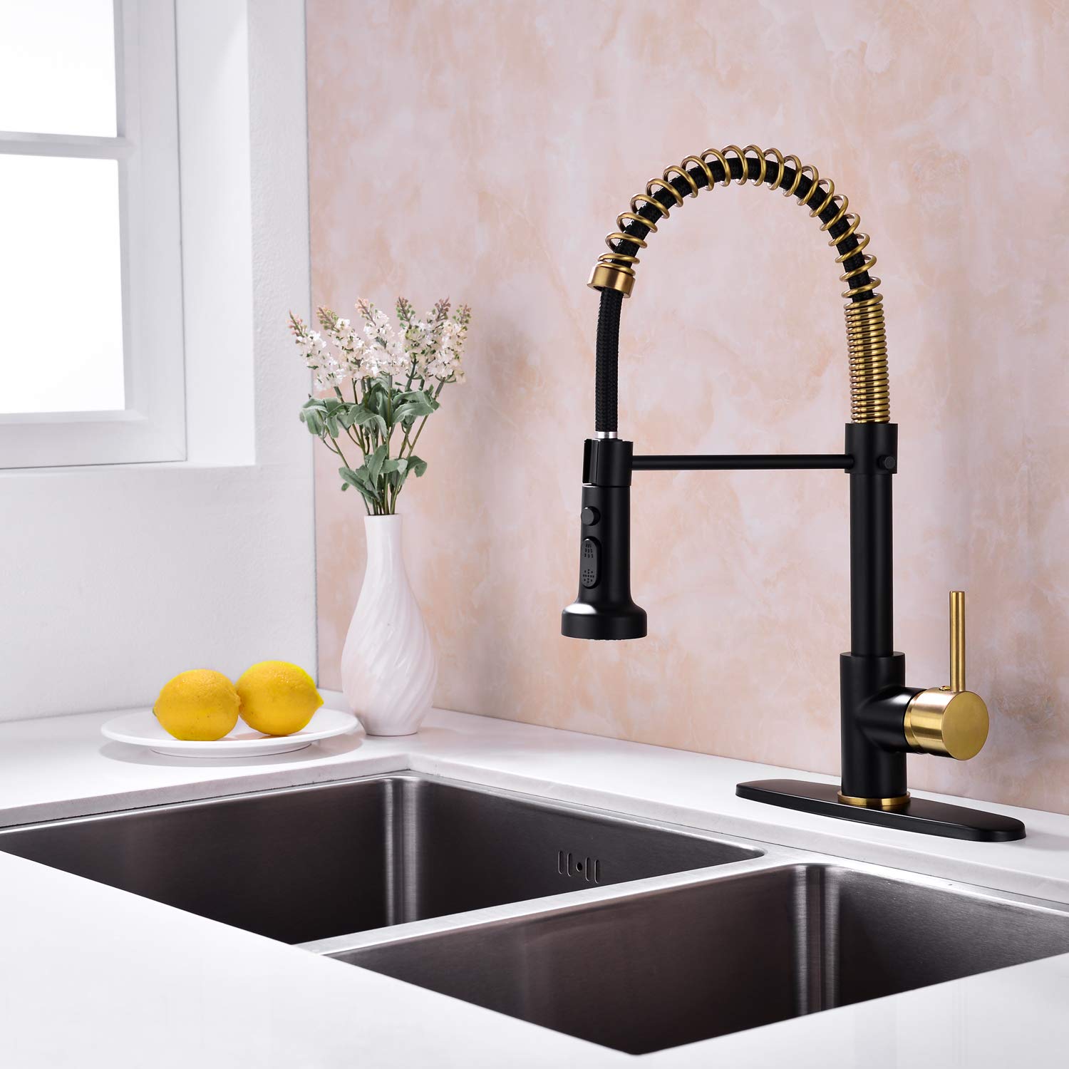 Black and Gold Kitchen Faucet with Pull Down Sprayer - Single Handle Spring Design for RV, Farmhouse & Laundry Sink - High Arc Spout for Easy Washing & Cleaning - Perfect for Modern Kitchens, Campers & Utility Rooms