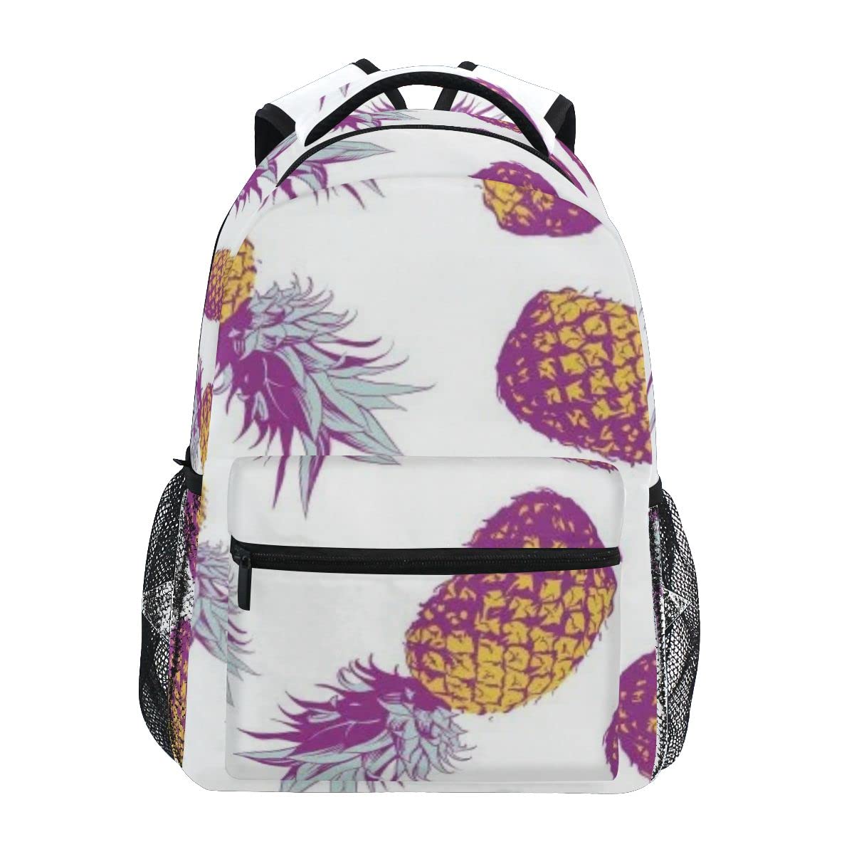 SAIAOS Large School Backpack with Name Tag - Lightweight Golden Purple Pineapple Design College Bookbag for Students, Travel & Work - Fits 15.6 Inch Laptop - Perfect for School, Office, Commuting & Home Visits