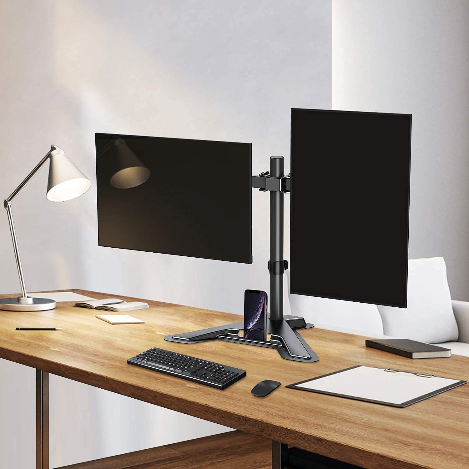 MOUNT PRO Dual Monitor Stand - Adjustable Free Standing & Wall Mount for 2 Screens up to 27 inch - Full Motion Gas Spring Monitor Arm with Height Adjustment - Perfect for Home Office, Gaming Setup & Workspace Ergonomics