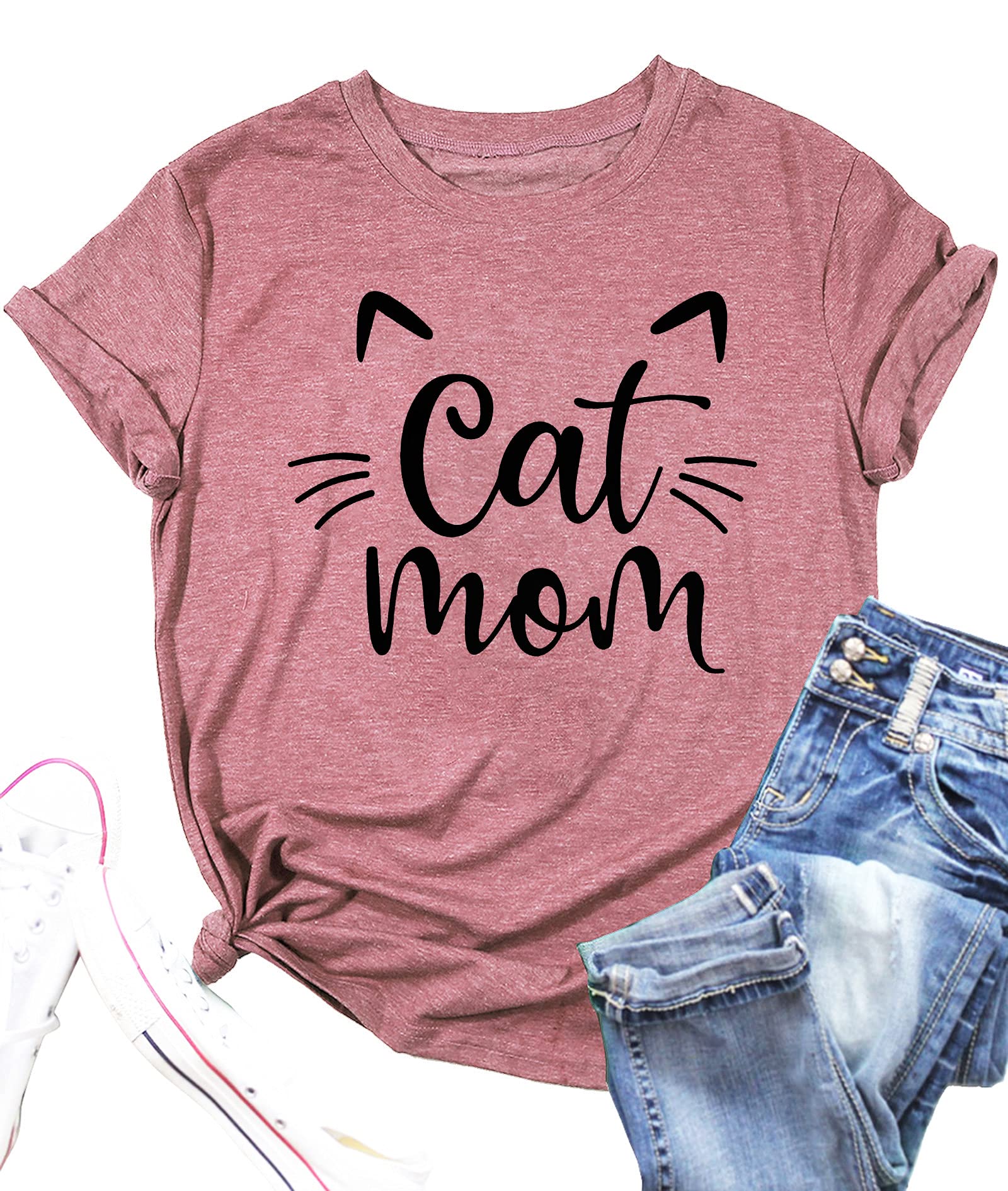 Funny Cat Mom T-Shirts for Women - Cute Cat Mama Graphic Tees - Perfect Pet Lover Gifts - Ideal for Casual Wear, Cat Cafes & Pajama Parties