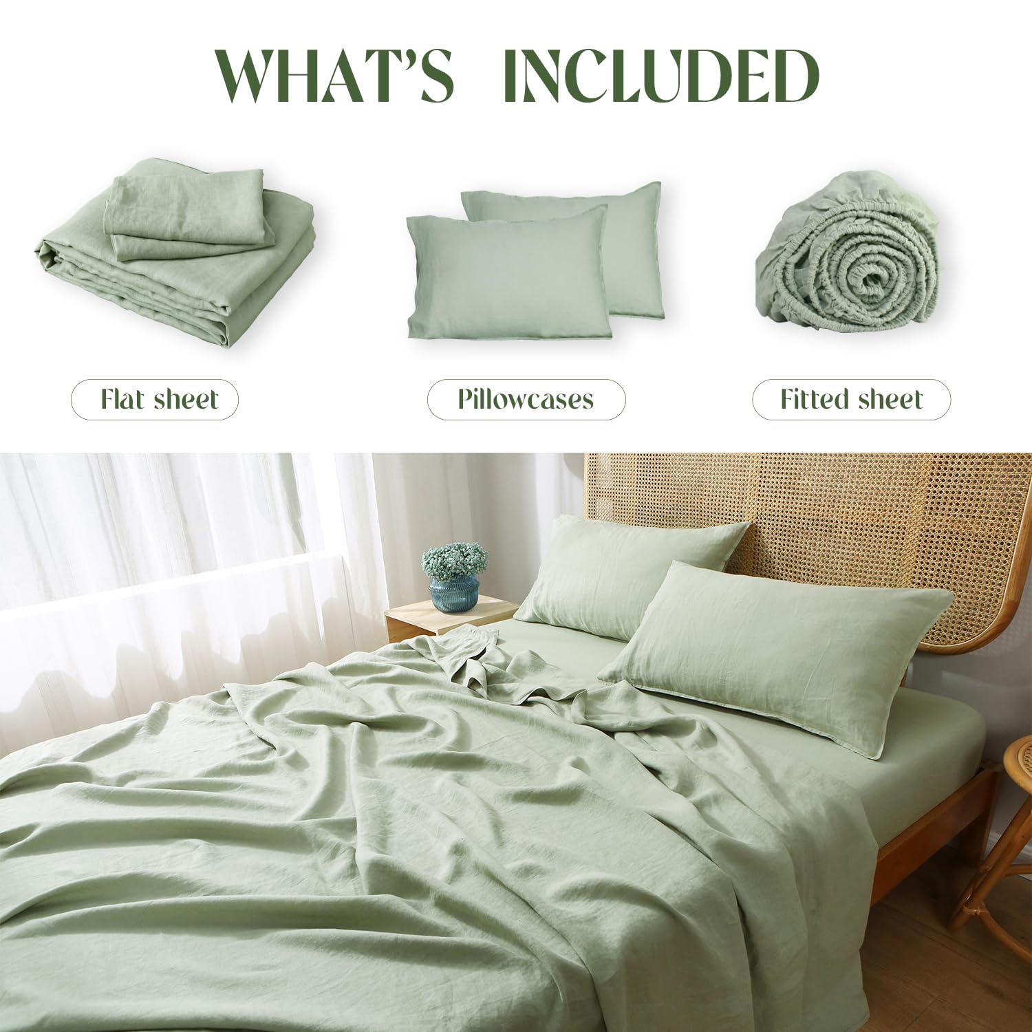 100% Organic French Natural Linen Bed Sheets Set - Stone Washed 3-Piece Ultra Soft & Breathable Luxury Bedding (Light Green, Twin Size) | Eco-Friendly Home Decor for Master Bedroom, Guest Room & Vacation Homes