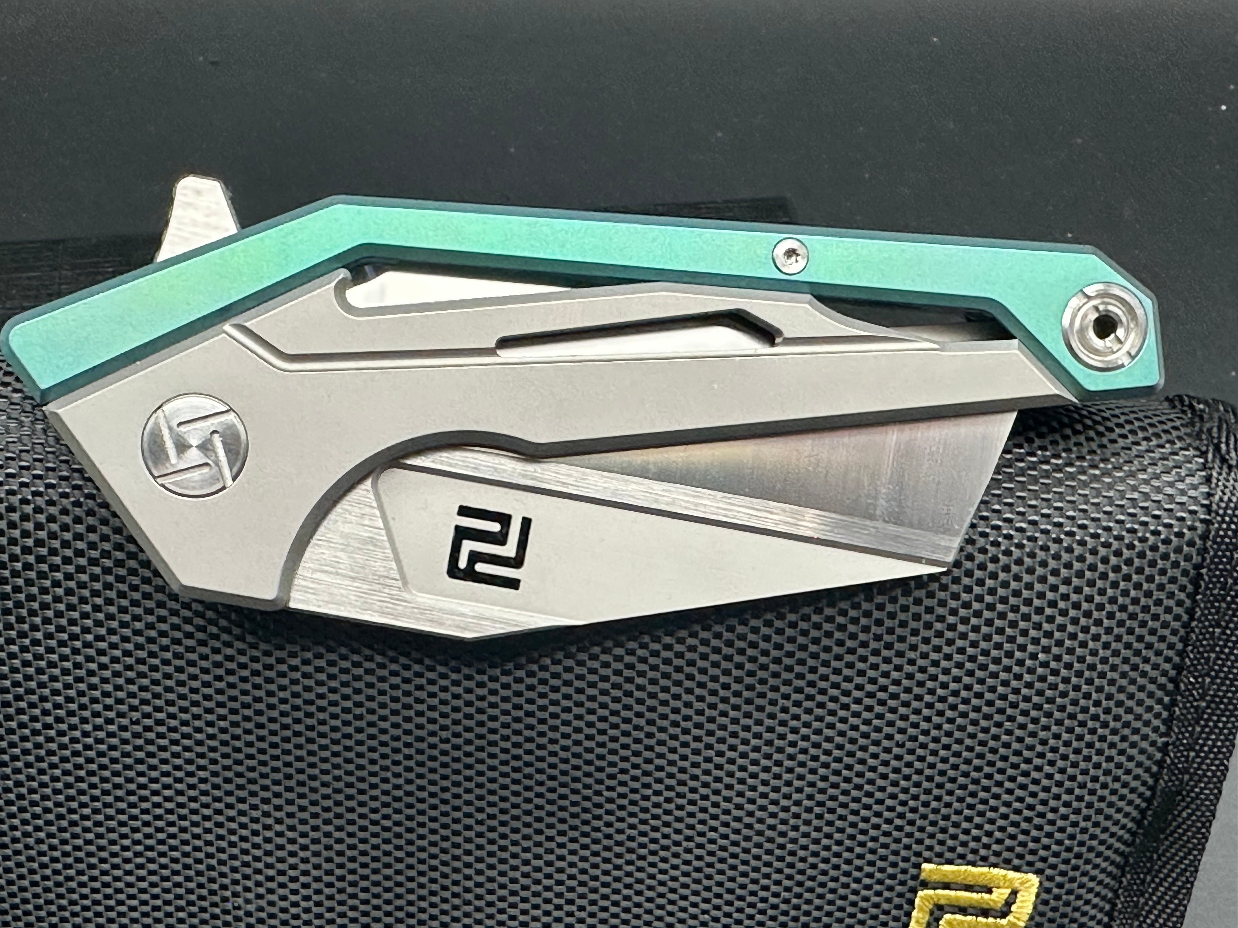 Artisan Cutlery Ravine S35VN Folding Knife - Wharncliffe Blade, Green/Gray Titanium Handles - EDC Pocket Knife for Camping, Hiking & Outdoor Adventures
