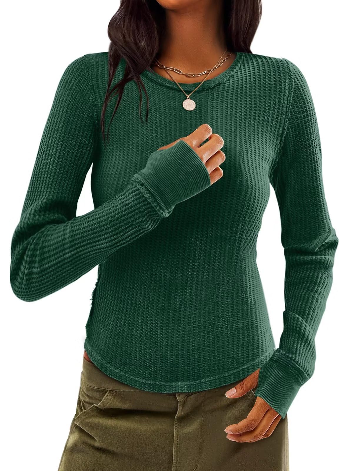 Women's Waffle Knit Thermal Long Sleeve Shirt - Fitted Crewneck Pullover Top for Fall & Winter 2025 | Cozy Casual Wear for Work, Travel & Everyday Outfits