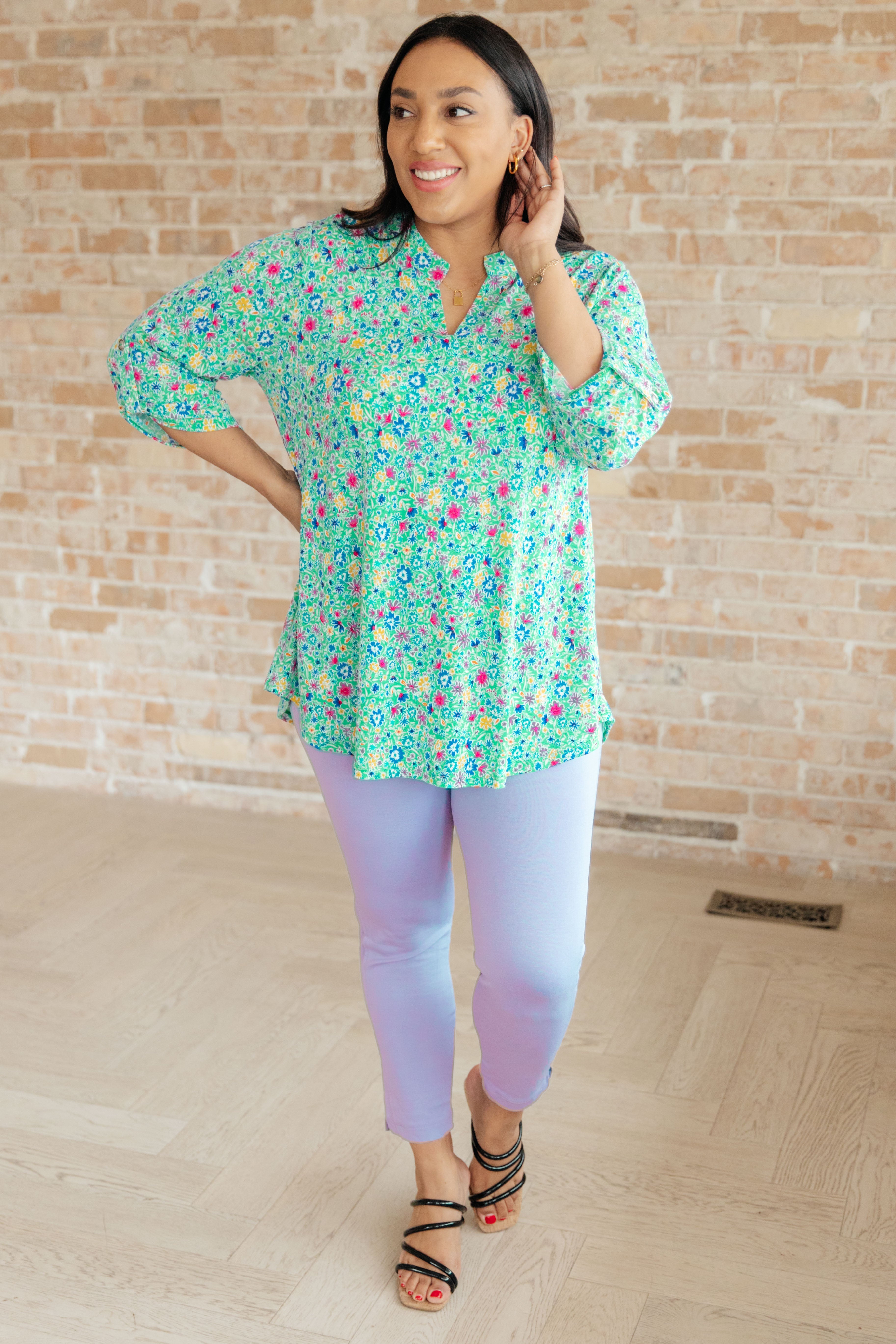 Emerald Green Floral Print Lizzy Gabby Women's Blouse - Perfect for Spring Outfits, Casual Wear & Office Attire