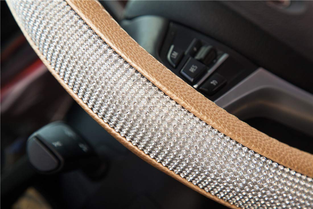 Diamond Rhinestone Leather Steering Wheel Cover - Universal 15 Inch Fit for Cars, SUVs & Trucks - Bling Crystal Design for Women & Girls (Gold) - Perfect for Luxury Cars, Gifts & Special Occasions