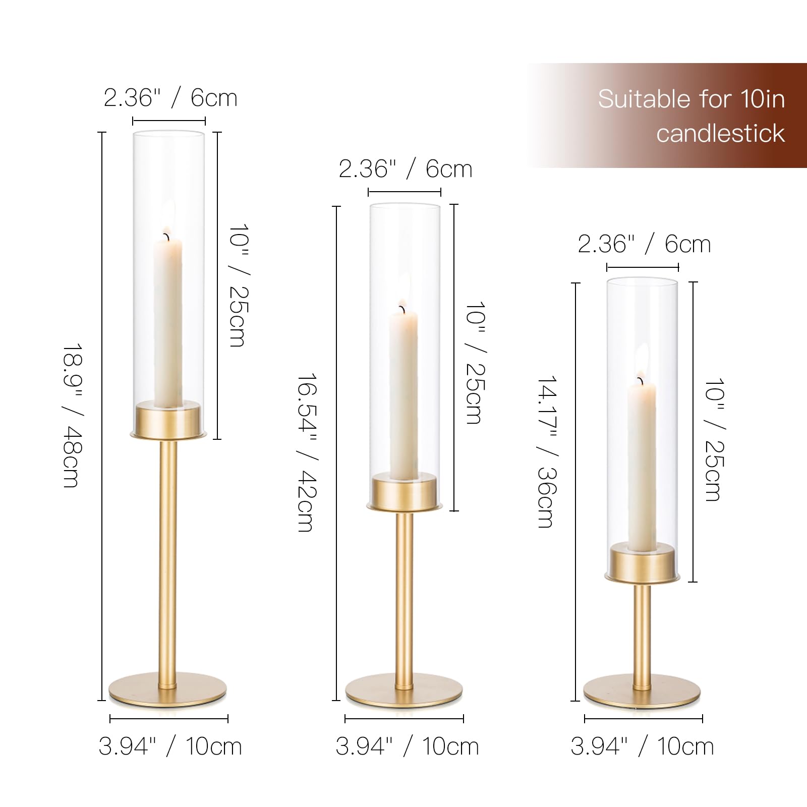 Golden Hurricane Glass Candle Holders - Set of 3 Tall Taper Candle Sticks for Wedding, Christmas, Dining Table Centerpiece Decor - Elegant Home Decor for Holiday Parties, Romantic Dinners & Seasonal Celebrations