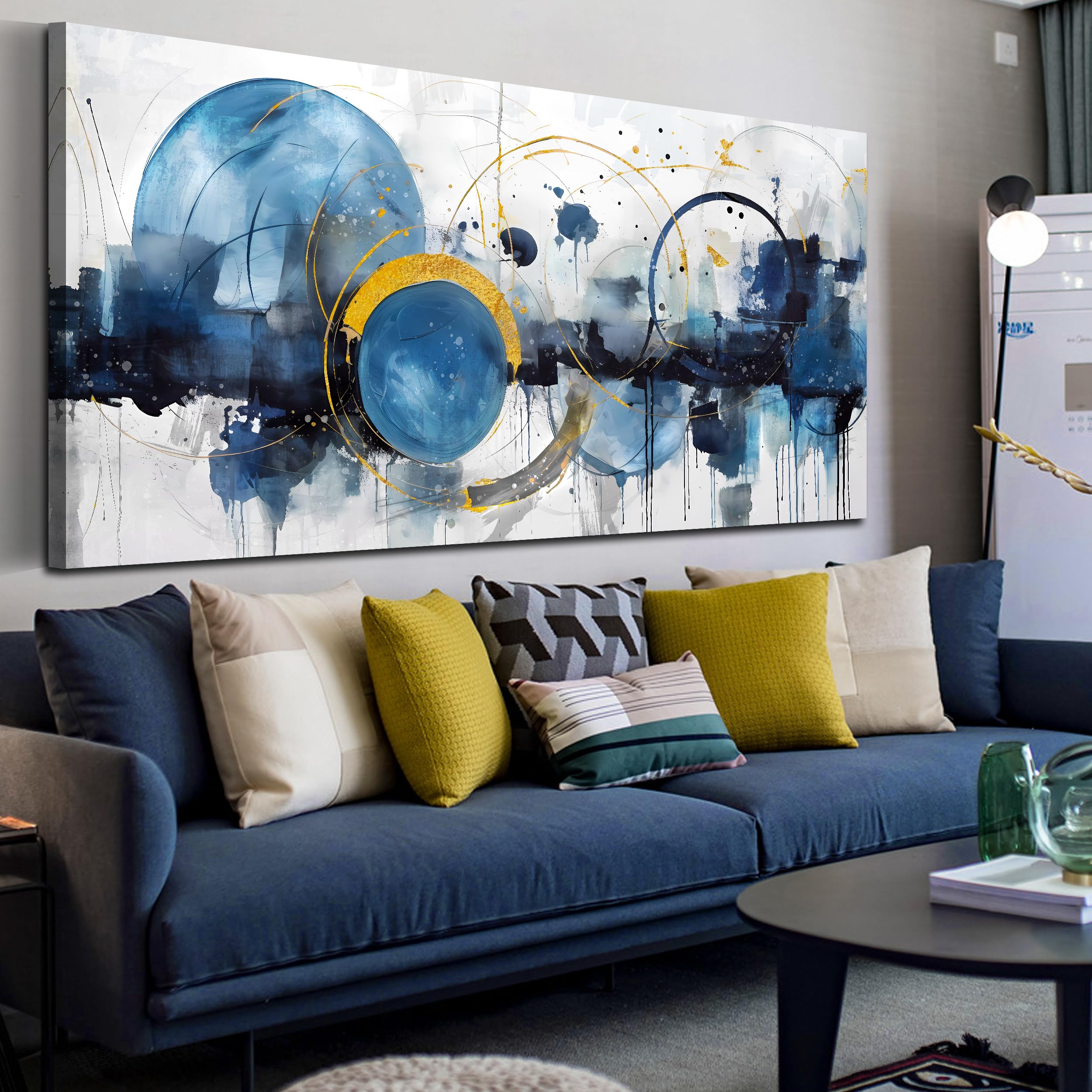 Modern Abstract Wall Art - Blue Contemporary Canvas Painting for Home & Office Decor - Ready to Hang 29x59 Inches - Perfect for Living Room, Bedroom & Teen Room Aesthetic