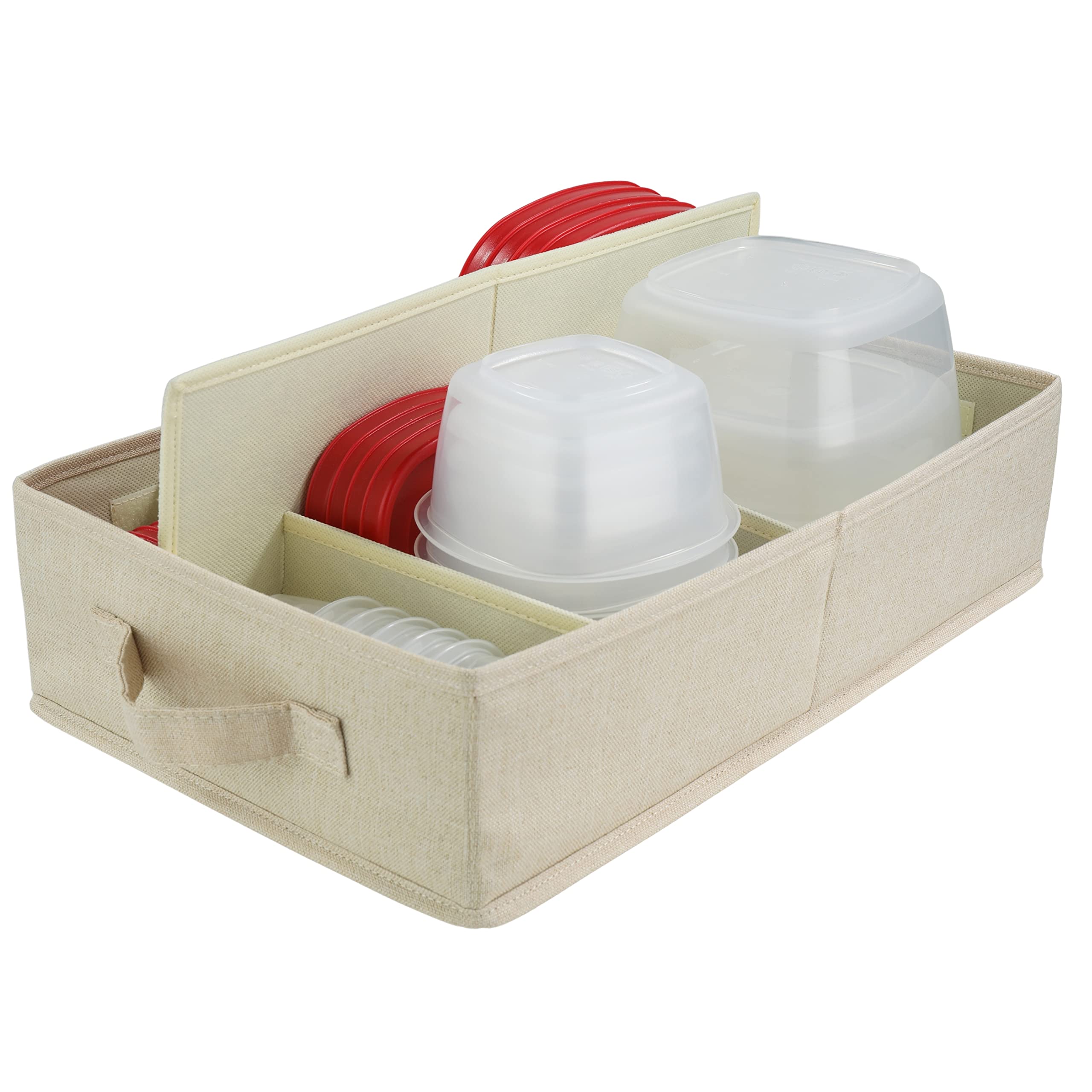 Food Storage Container Organizer Box - Adjustable Foldable Cloth Drawer Organizer for Rubbermaid & Glad Containers with Lids | Perfect Kitchen Storage Solution for Pantry, Fridge & Cabinet Organization