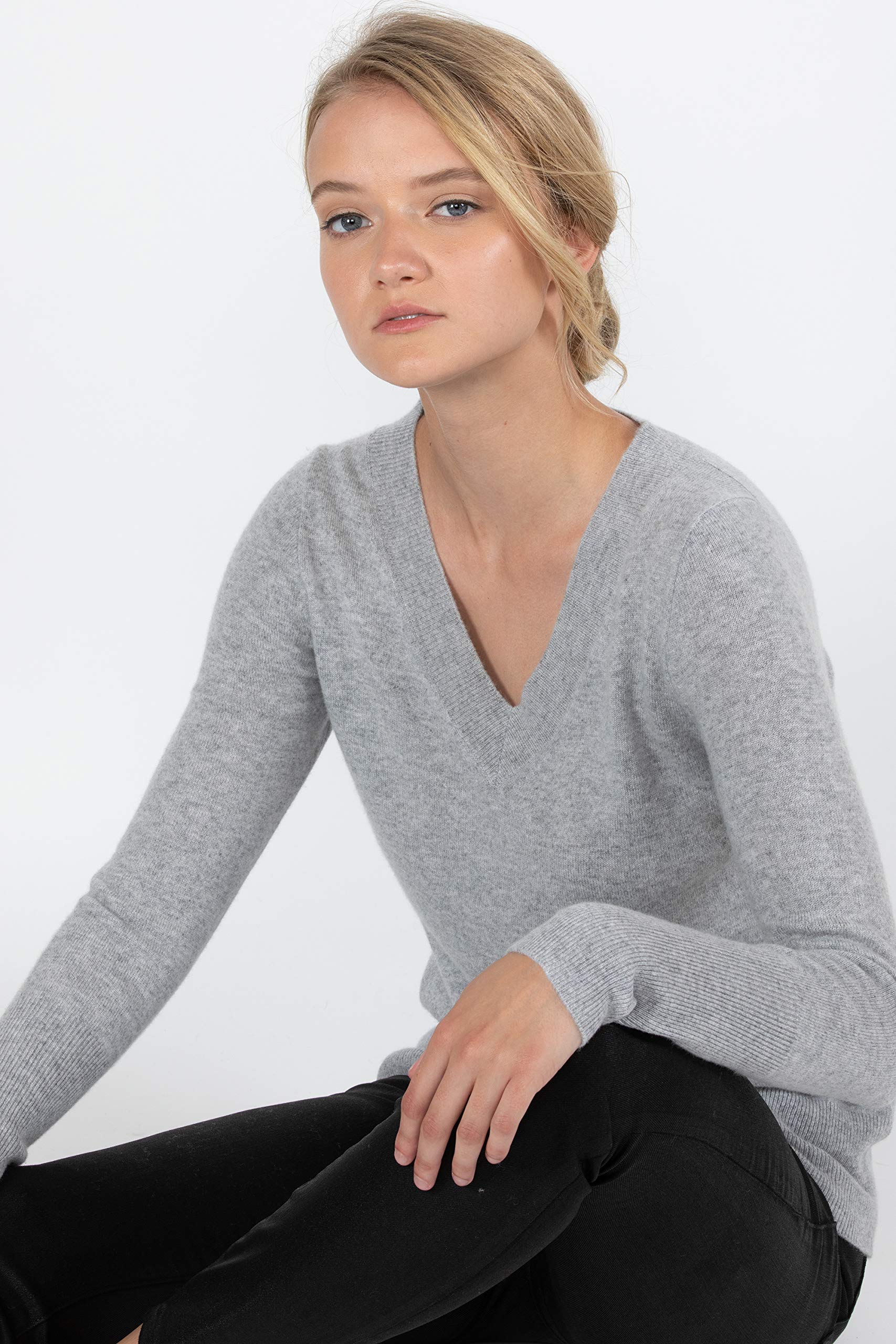 JENNIE LIU Women's 100% Pure Cashmere Long Sleeve V-Neck Sweater - Soft & Warm Pullover for Fall, Winter & Office Wear
