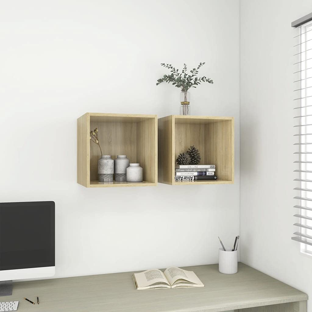 Modern Wall Mounted Shelves Set of 2 - Floating Storage Cabinet for Living Room & Bedroom - Brown Wooden Display Rack (14.6