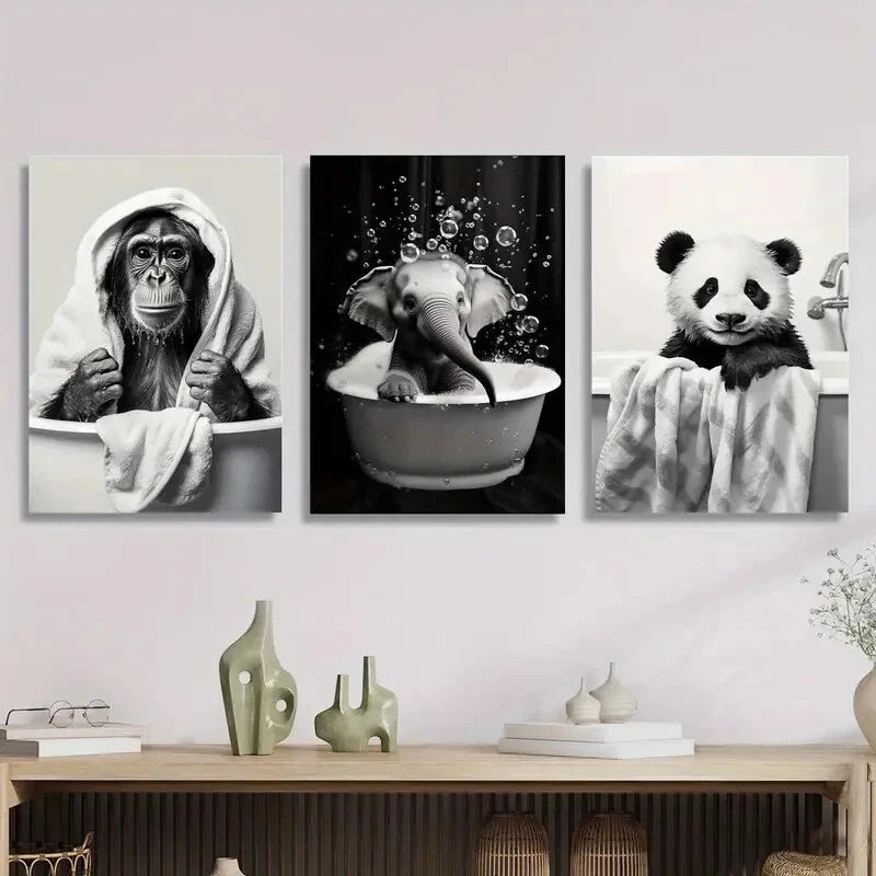3PCS Adorable Cartoon Animal Bath Time Metal Wall Art - Ready to Hang Home Decor for Bathroom, Nursery & Kids Room