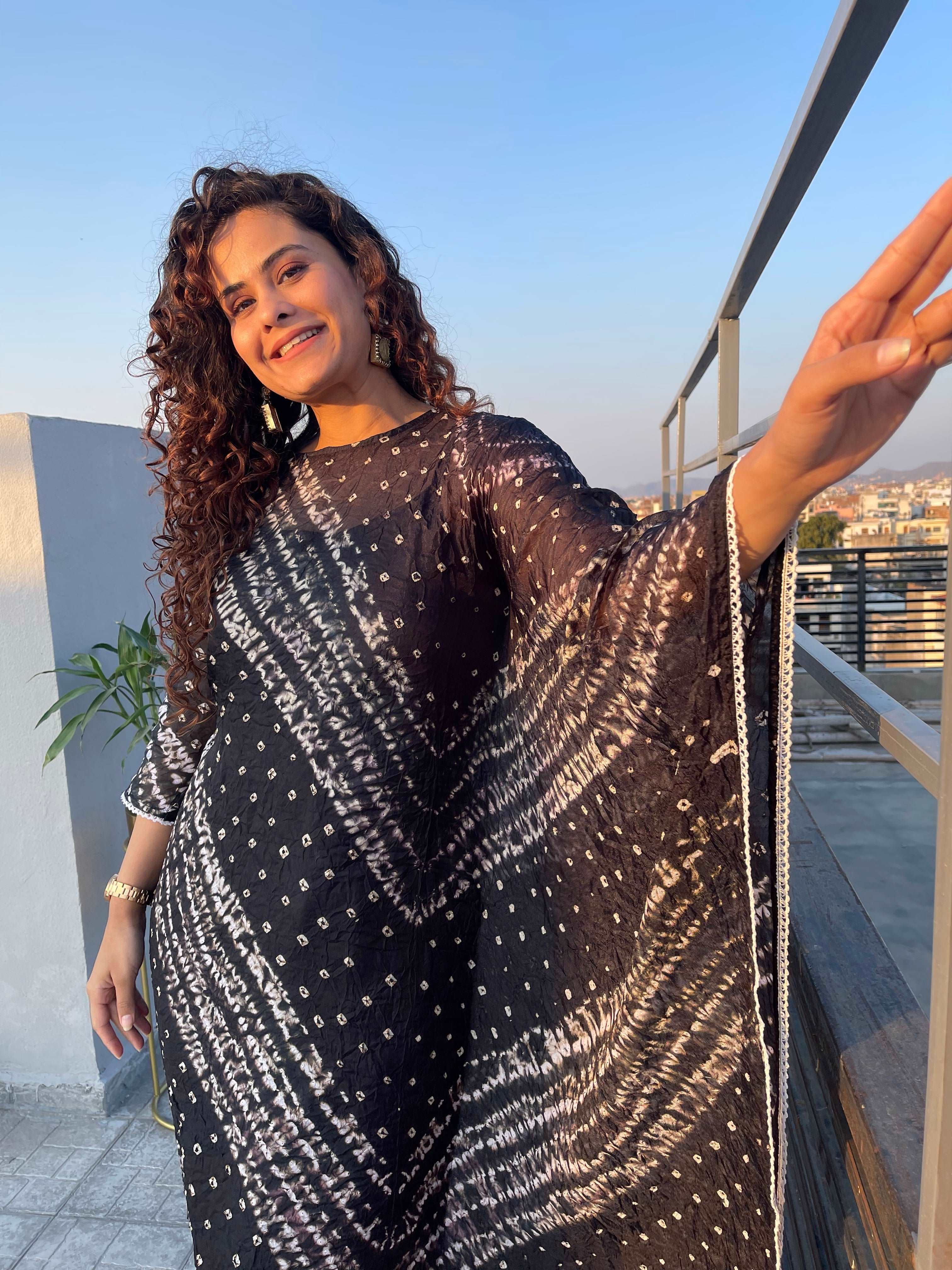 Stylish Black Bandhani Festive Kaftan Set for Women - Traditional Indian Ethnic Wear for Parties, Weddings & Festive Occasions