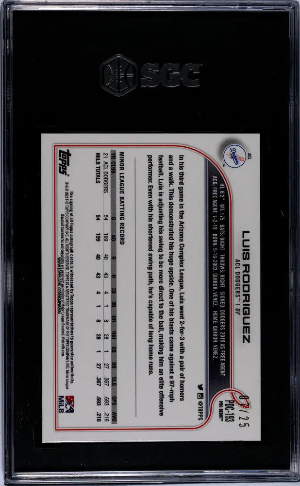 2022 Topps Pro Debut Chrome Luis Rodriguez Orange Lava Refractor Auto 07/25 SGC 10 Gem Mint - Rare Baseball Card for Collectors & Sports Memorabilia Enthusiasts