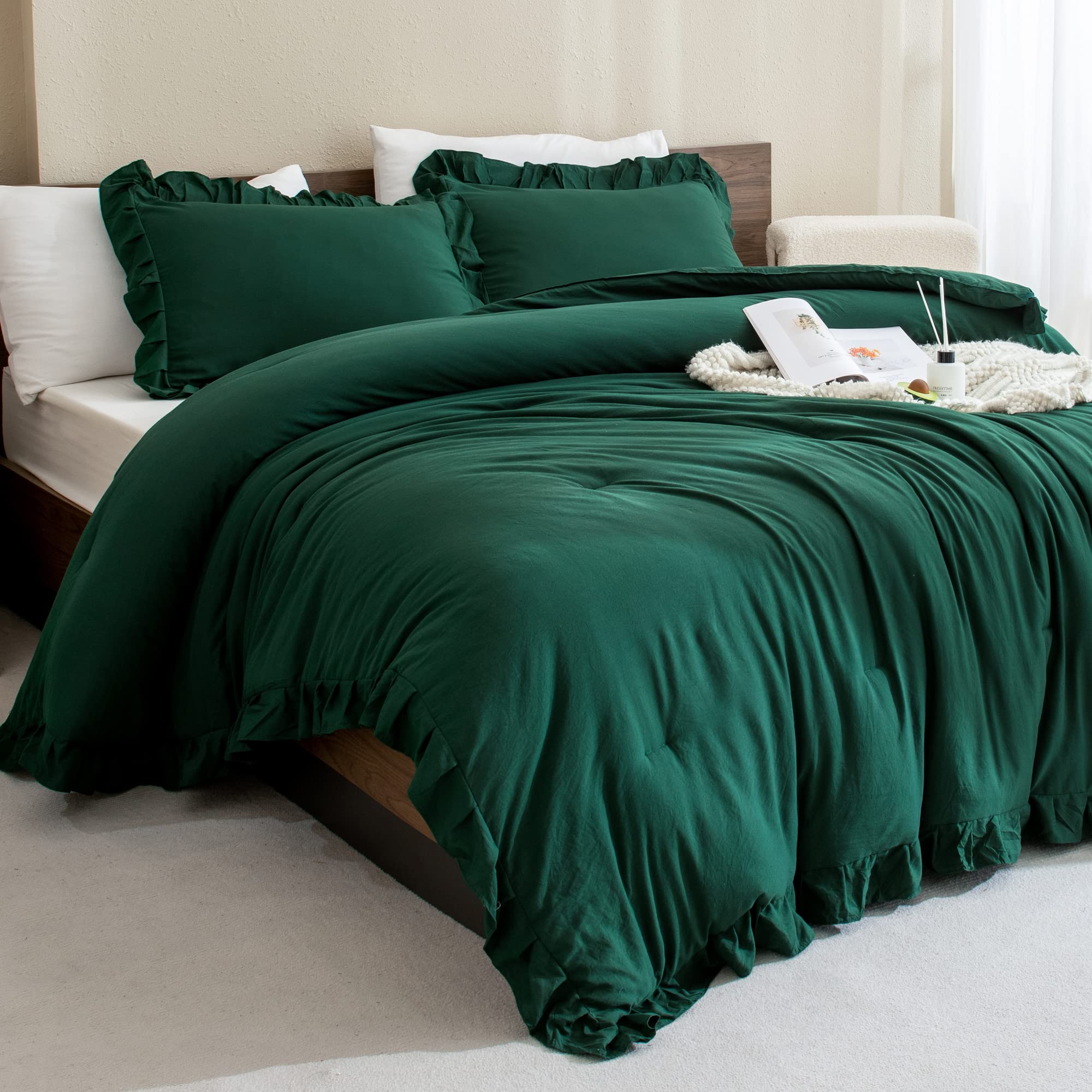 Dark Emerald Green Comforter Set Queen - 3 Piece Solid Ruffle Farmhouse Bedding | Lightweight Soft Ruffled Comforter for All Seasons | Perfect for Guest Rooms, Master Bedrooms & Cozy Farmhouse Decor