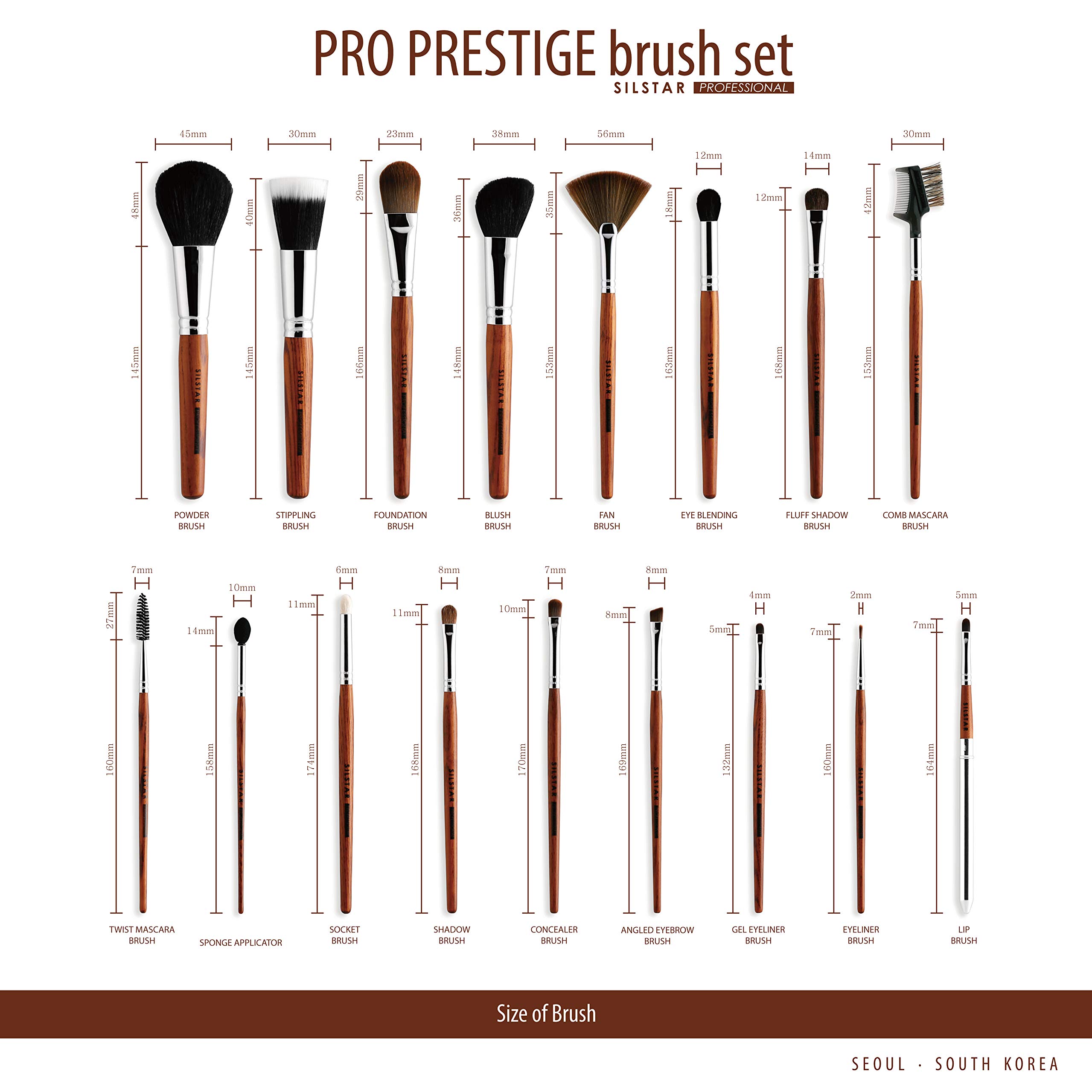 SILSTAR 17-Piece Professional Makeup Brush Set with Leather Case - Powder Brush, Eyeshadow Brush, Foundation Brush, Brow Brush & Lip Brush - Perfect for Travel, Home & Professional Makeup Artists