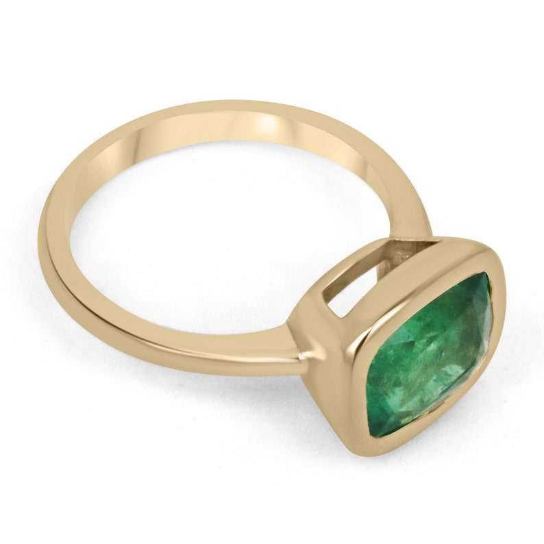 3.48ct Vivid Green East-West Emerald Engagement Ring in 18K Gold - Bezel Set Cushion Cut for Unique Style | Perfect for Proposal, Anniversary & Special Occasions
