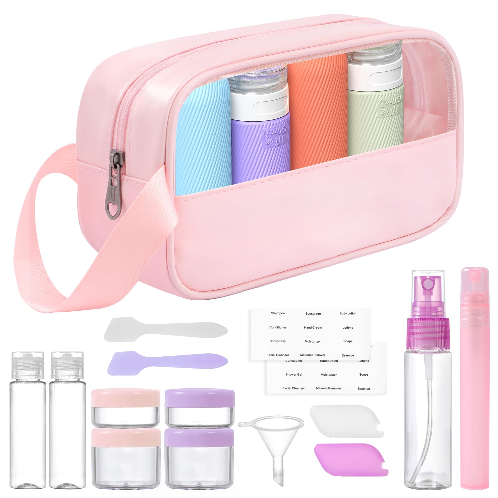 20 Pack TSA Approved Leak Proof Silicone Travel Bottles for Toiletries - Refillable Empty Travel Size Containers with Labels & Pink Toiletry Bag | Portable Travel Essentials for Women | Perfect for Airplane Carry-on, Vacation, Gym & Business Trips
