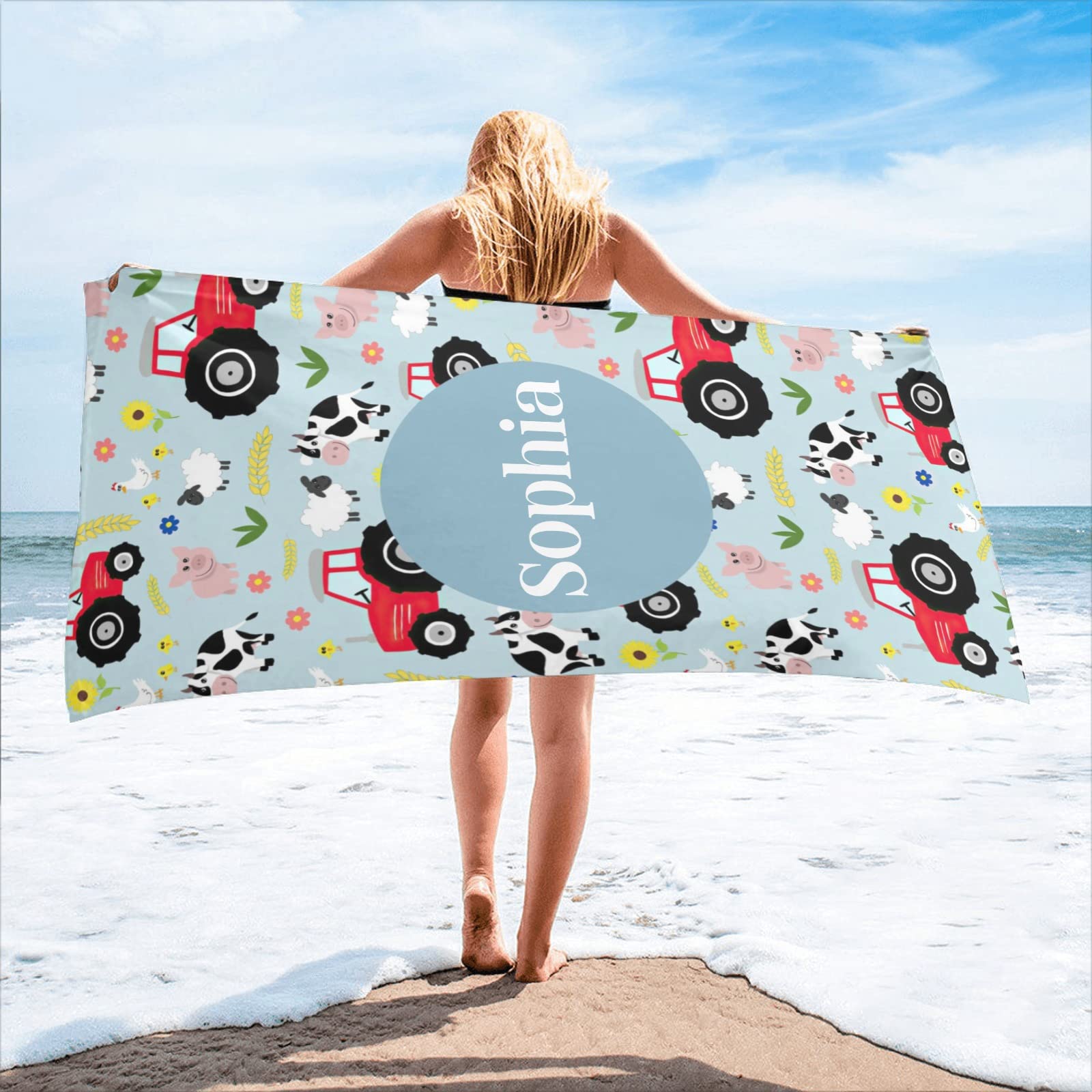 Personalized Farm Animal Beach Towel - Custom Name Microfiber Quick Dry Bath Towel Blanket 30