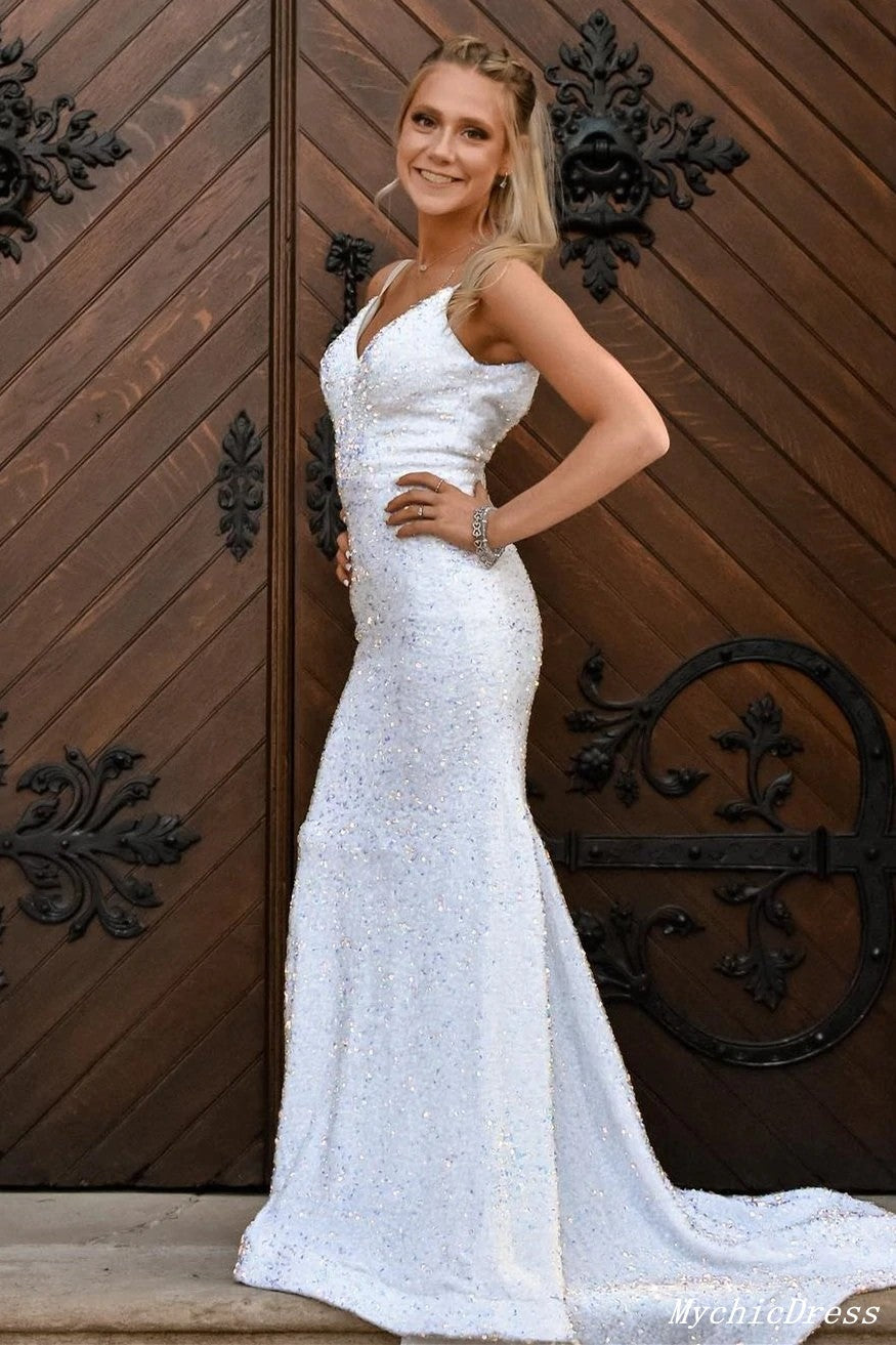 2025 Sequin Evening Dresses for Women - White Iridescent Mermaid Prom Gown with V-Neck | Elegant Formal Gowns for Homecoming, Prom Night & Special Occasions