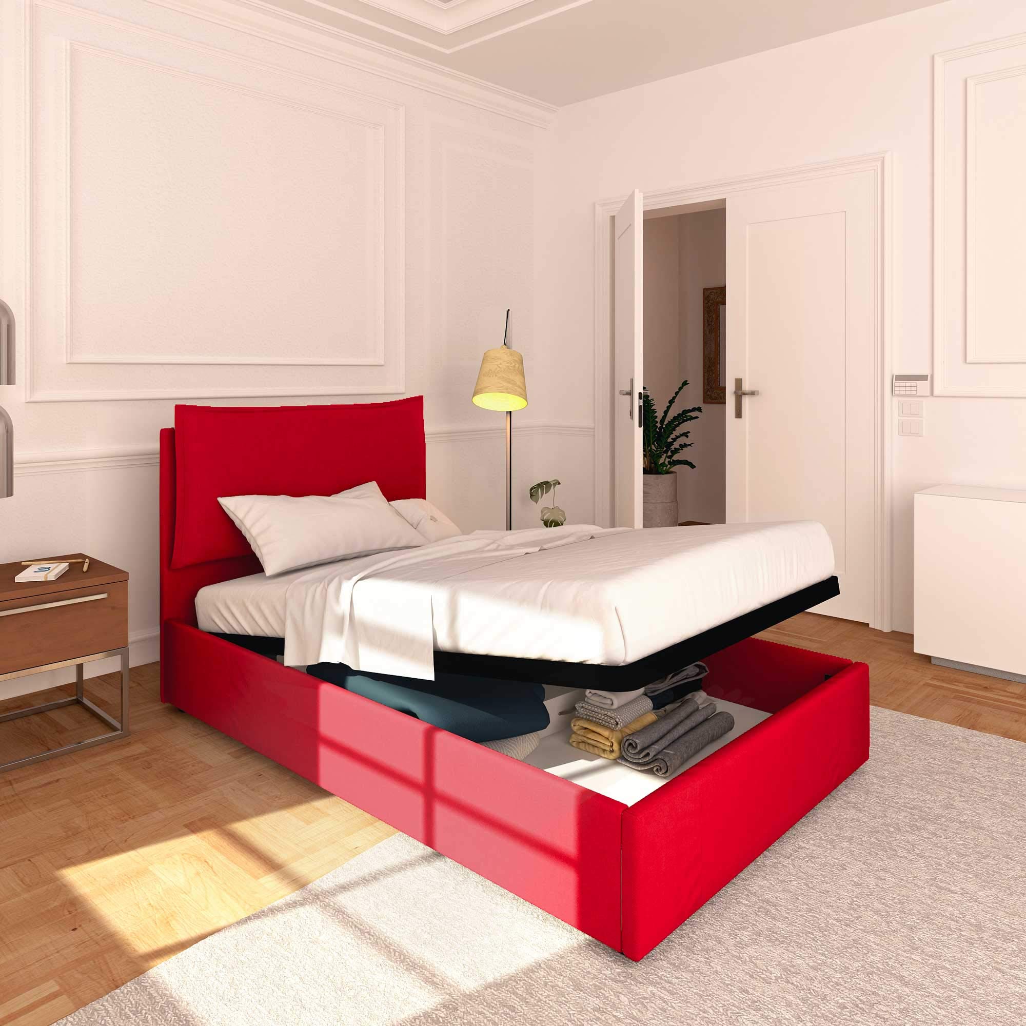 Baldiflex Licia Synthetic Leather Square and Half Bed with Storage Container, Bed Frame with Slatted Base for Square & Half Mattresses, 120 x 200 cm, Finely Padded Headboard, Red - Perfect for Small Bedrooms, Guest Rooms & Modern Apartments