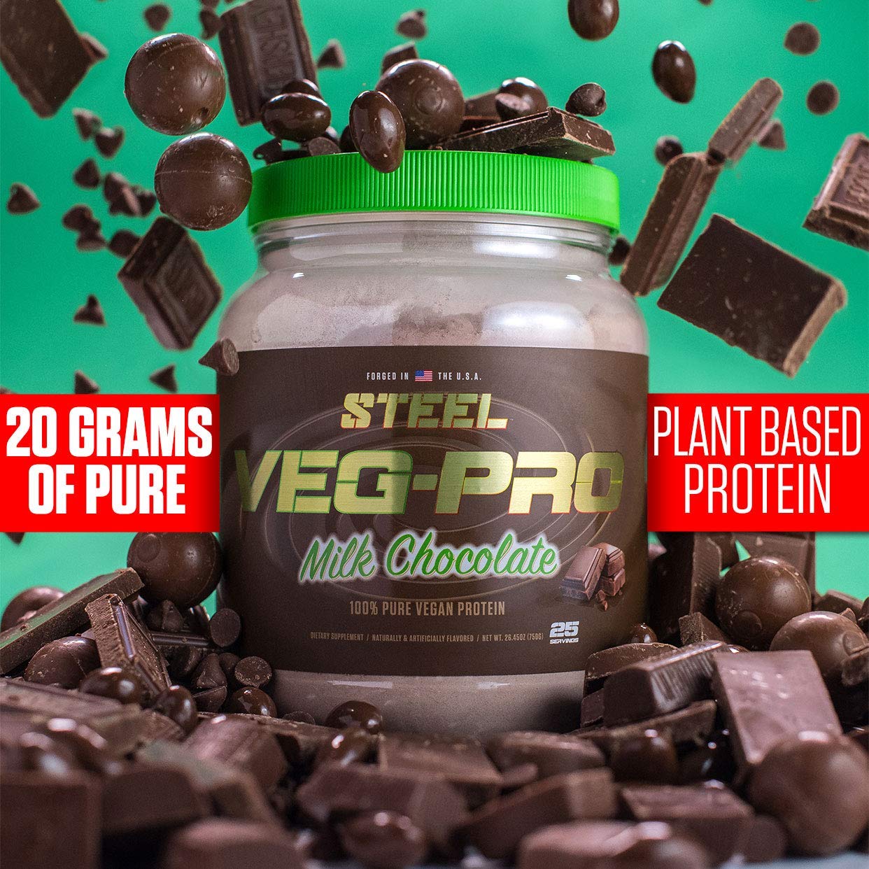 Steel Supplements Veg-PRO Vegan Protein Powder - Milk Chocolate Flavor, 25 Servings (1.65lbs) | Organic Plant-Based Protein with BCAA Amino Acids | Gluten Free, Dairy Free, Low Carb | Perfect for Post-Workout Recovery & Muscle Building