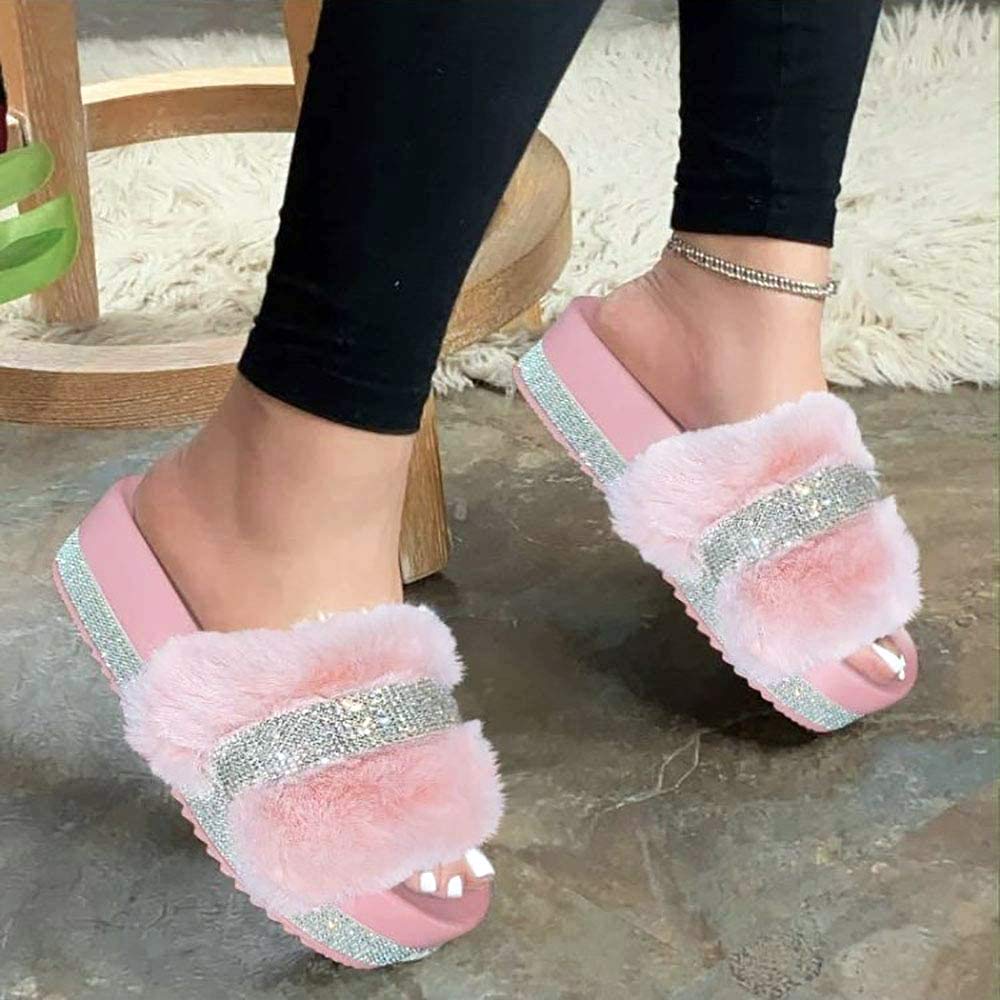 JITUUE Women's Light Slide Slippers - Faux Fur Rhinestone Slip-On Heel Flats with Platform - Open Toe Sandals for Indoor/Outdoor Use - Perfect for Lounging, Spa Days, and Beach Wear