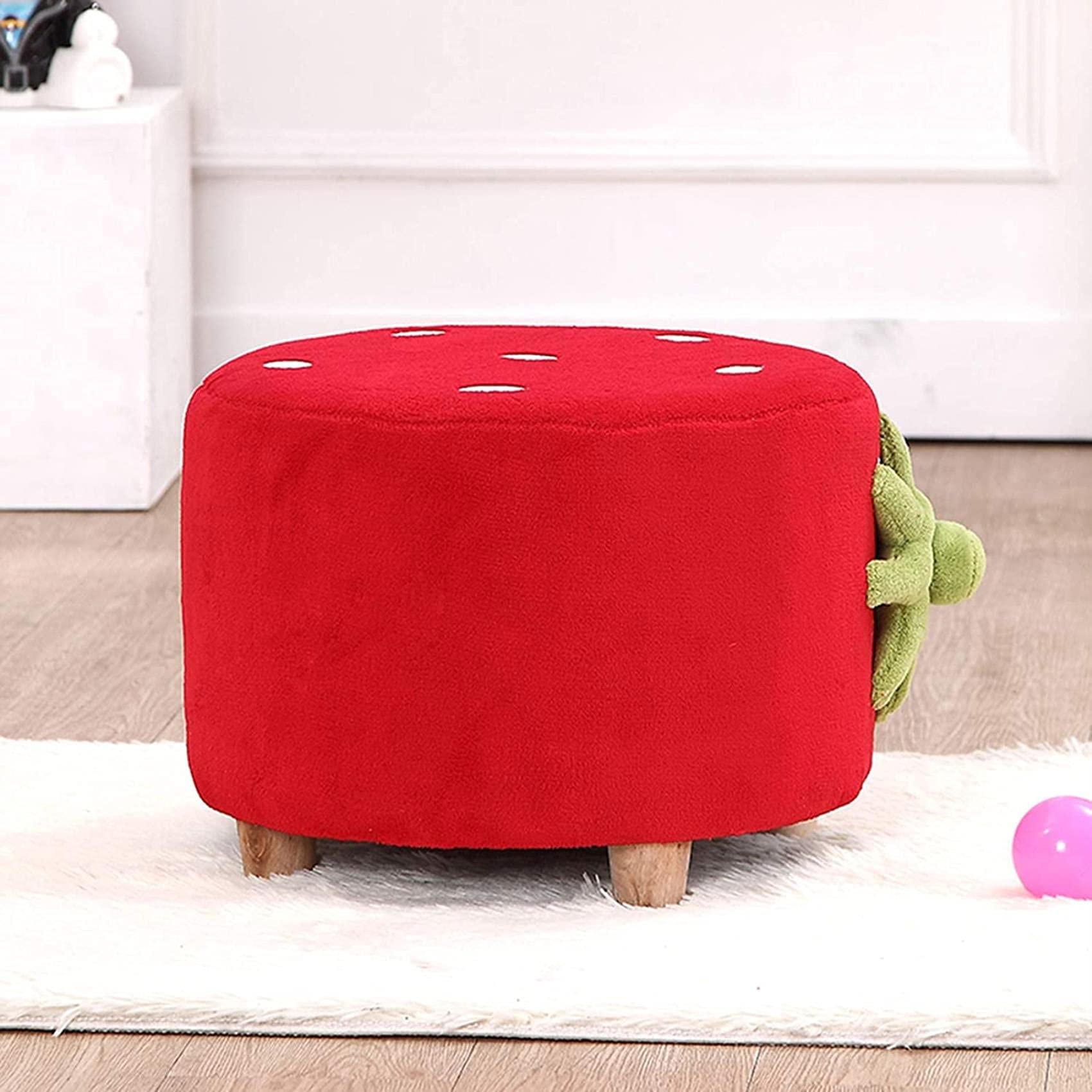 Round Child Footstool - Cartoon Strawberry Upholstered Pouffe Chair for Kids | Soft Changing Shoes Stool for Bedroom & Living Room | Durable & Comfortable Toddler Seat for Playroom, Nursery, or Reading Nook (Red)