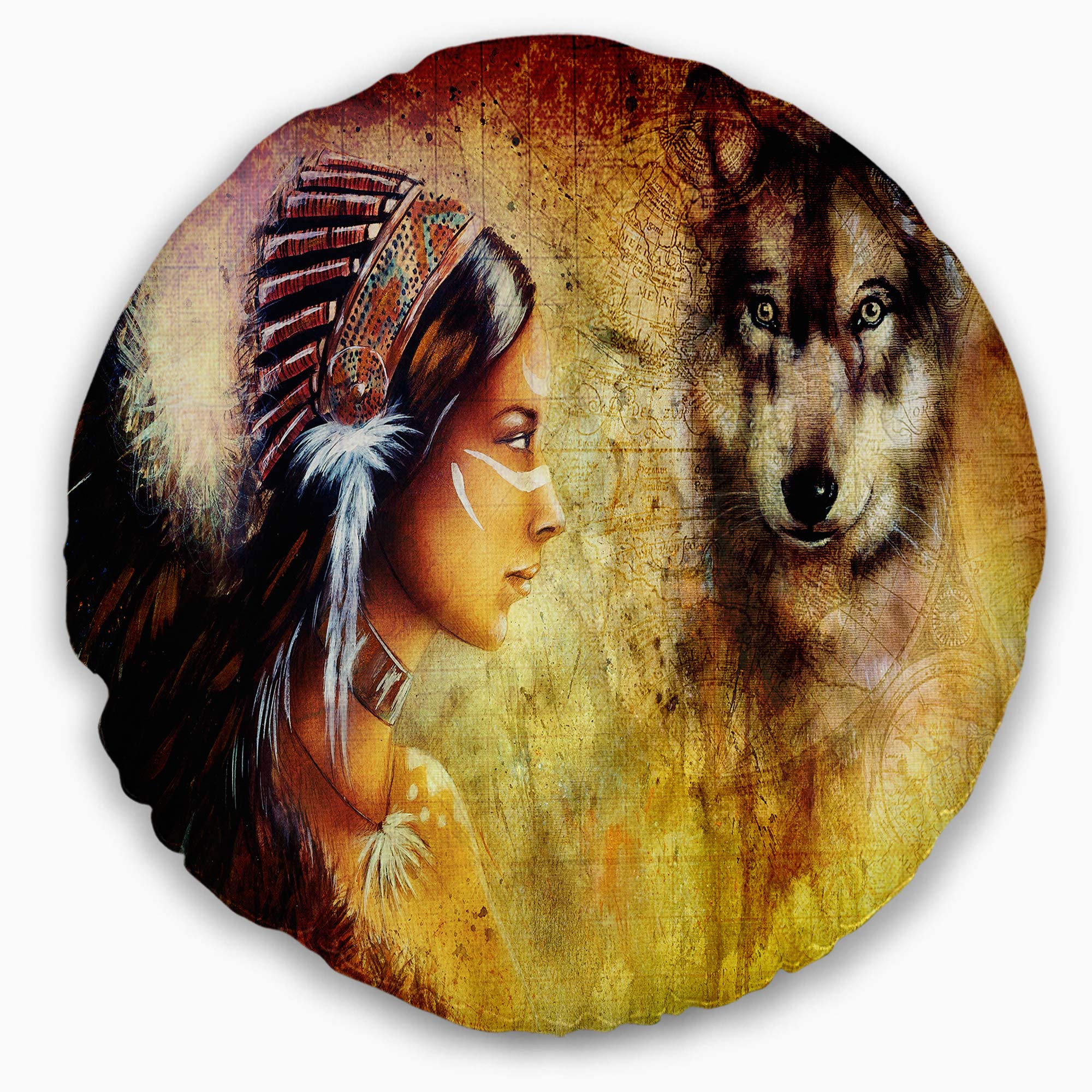Designart 'Woman with Wolf' Portrait Round Throw Pillow Cover - 16 Inch Decorative Cushion for Sofa, Living Room, Bedroom - Perfect for Home Decor, Gifts & Cozy Interior Design