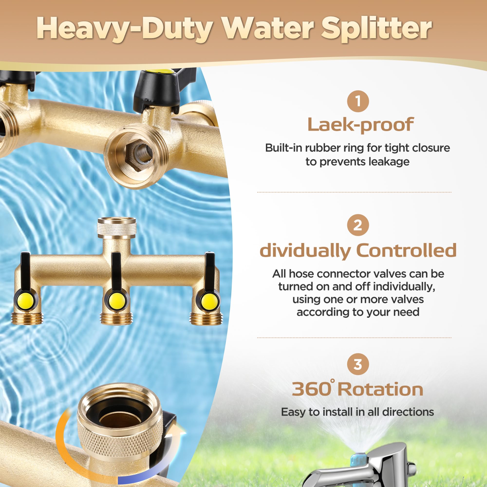 IPOW 3-Way Heavy Duty Brass Garden Hose Splitter - 3/4