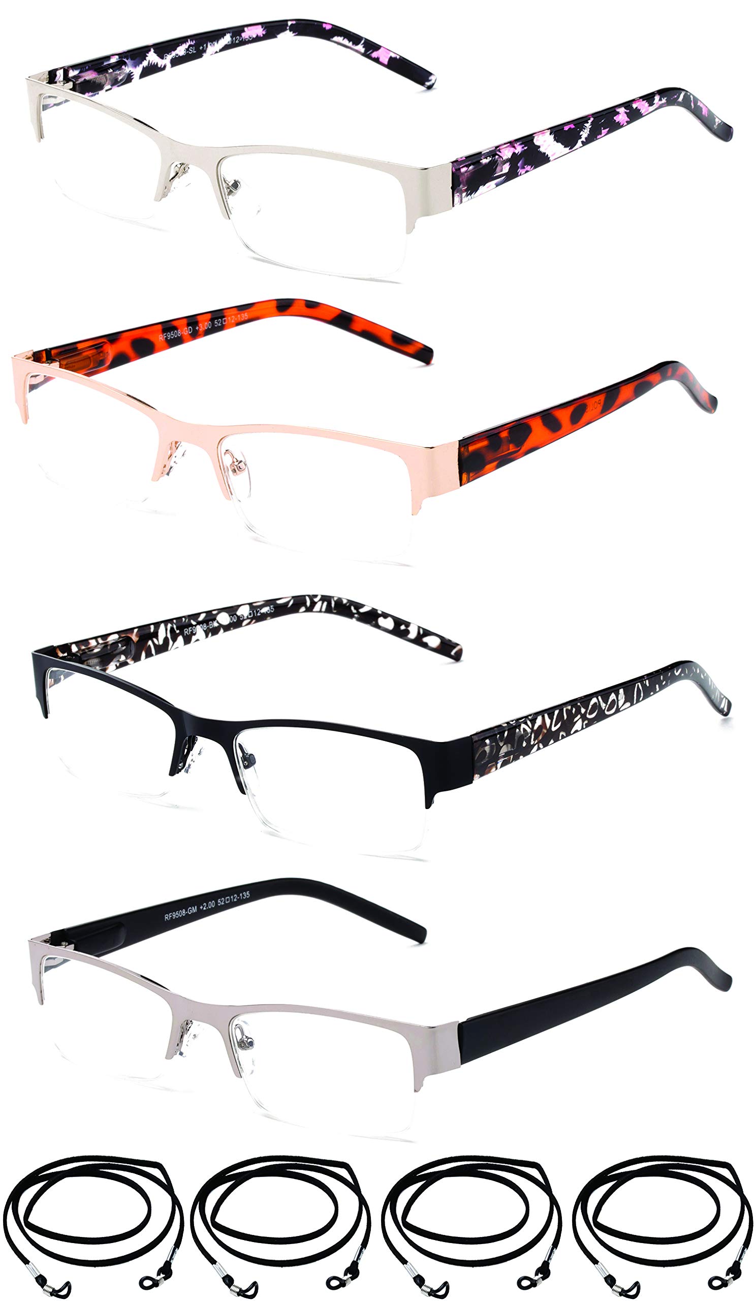 Newbee Fashion 4 Pack Women's Reading Glasses with Lanyards - High Optical Quality Metal Half Frame Spring Hinge Readers +1.50 Magnification - Perfect for Reading, Office Work & Daily Use