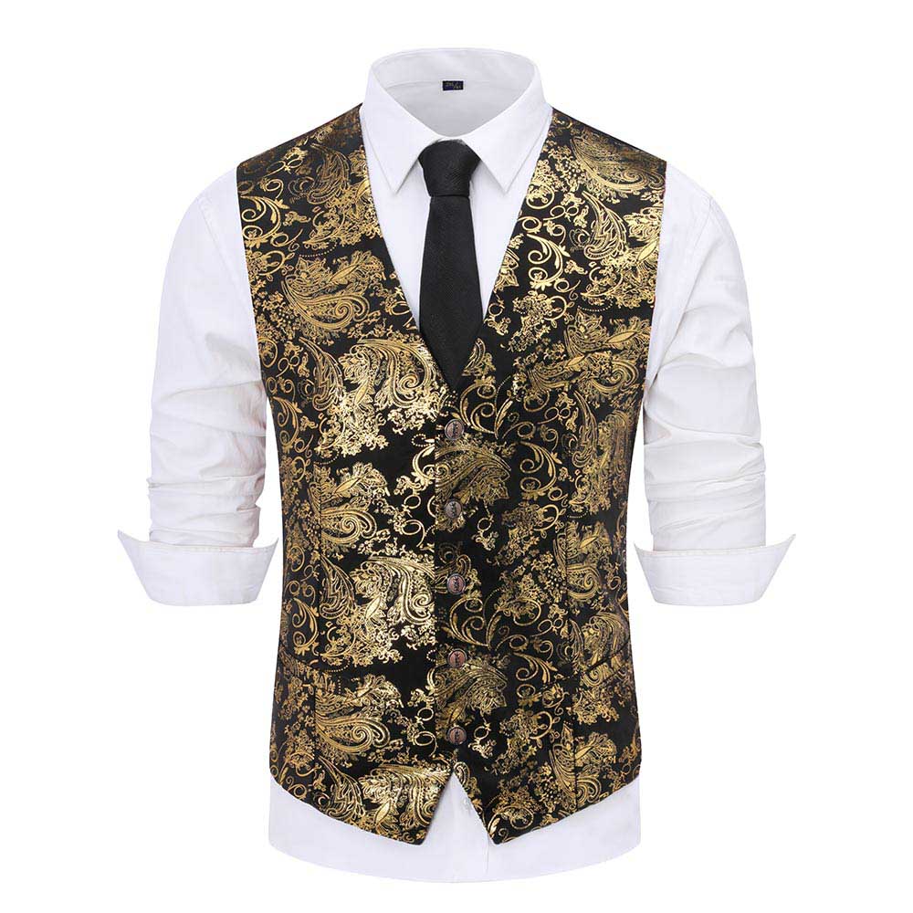 Stylish Single Breasted Slim Fit Printed Vest Waistcoat in Gold | Formal & Casual Wear for Men | Perfect for Weddings, Office & Evening Events