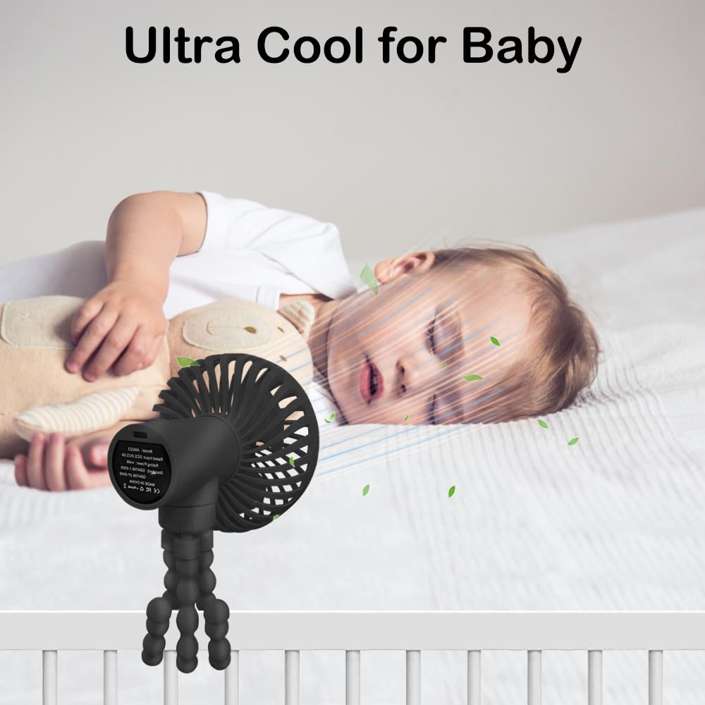 Portable Stroller Fan with Flexible Tripod - USB/Battery Powered Mini Handheld Fan for Baby, Car Seat, Student, Bed, Desk, Bike, Crib, Treadmill - Perfect for Camping, Travel & Outdoor Activities (Black)