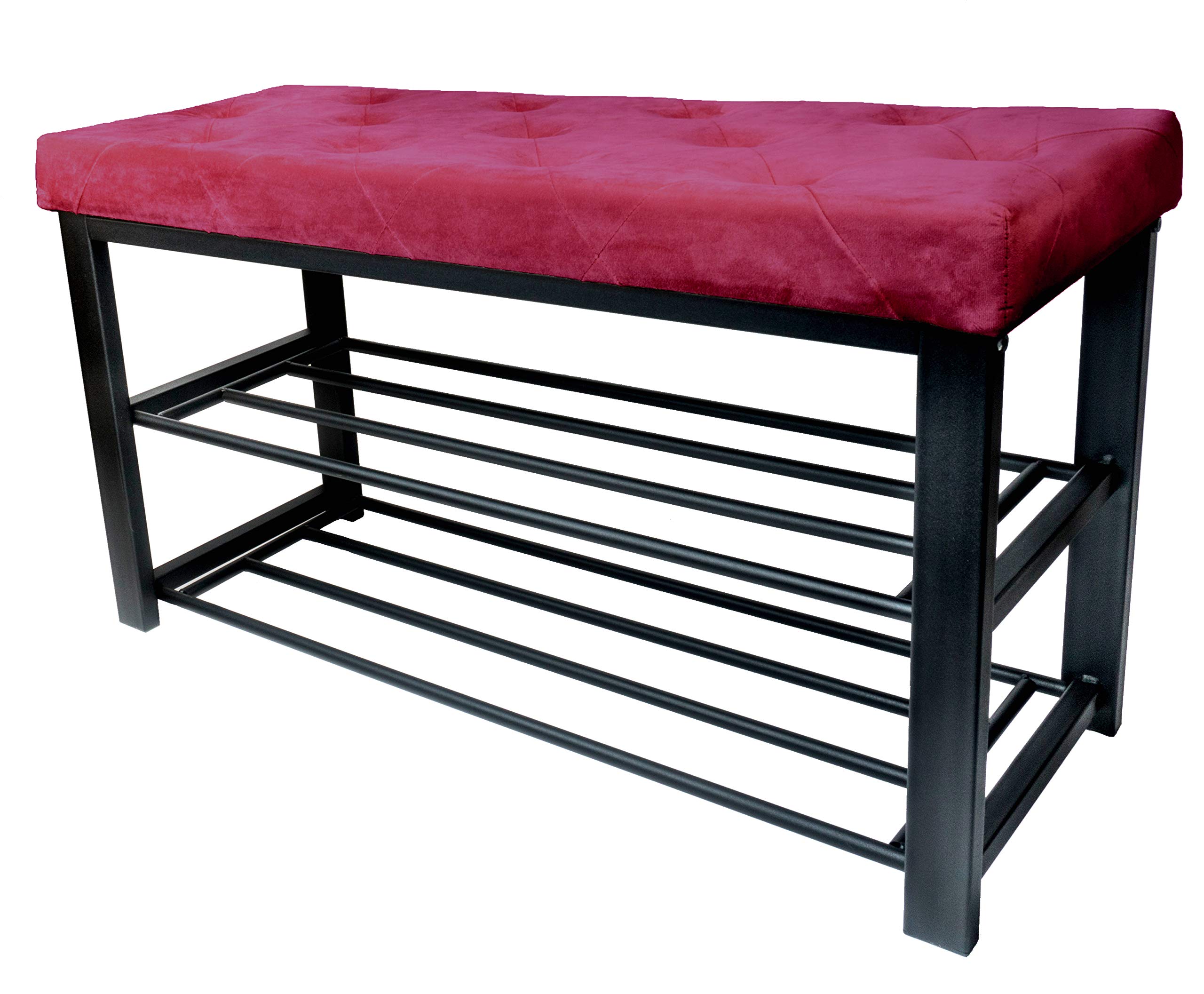 Red Co. Modern 2-Tier Shoe Rack Bench with Velvet Padded Seat - Burgundy Entryway Storage Organizer for Shoes & Accessories | Perfect for Small Spaces, Hallways & Mudrooms