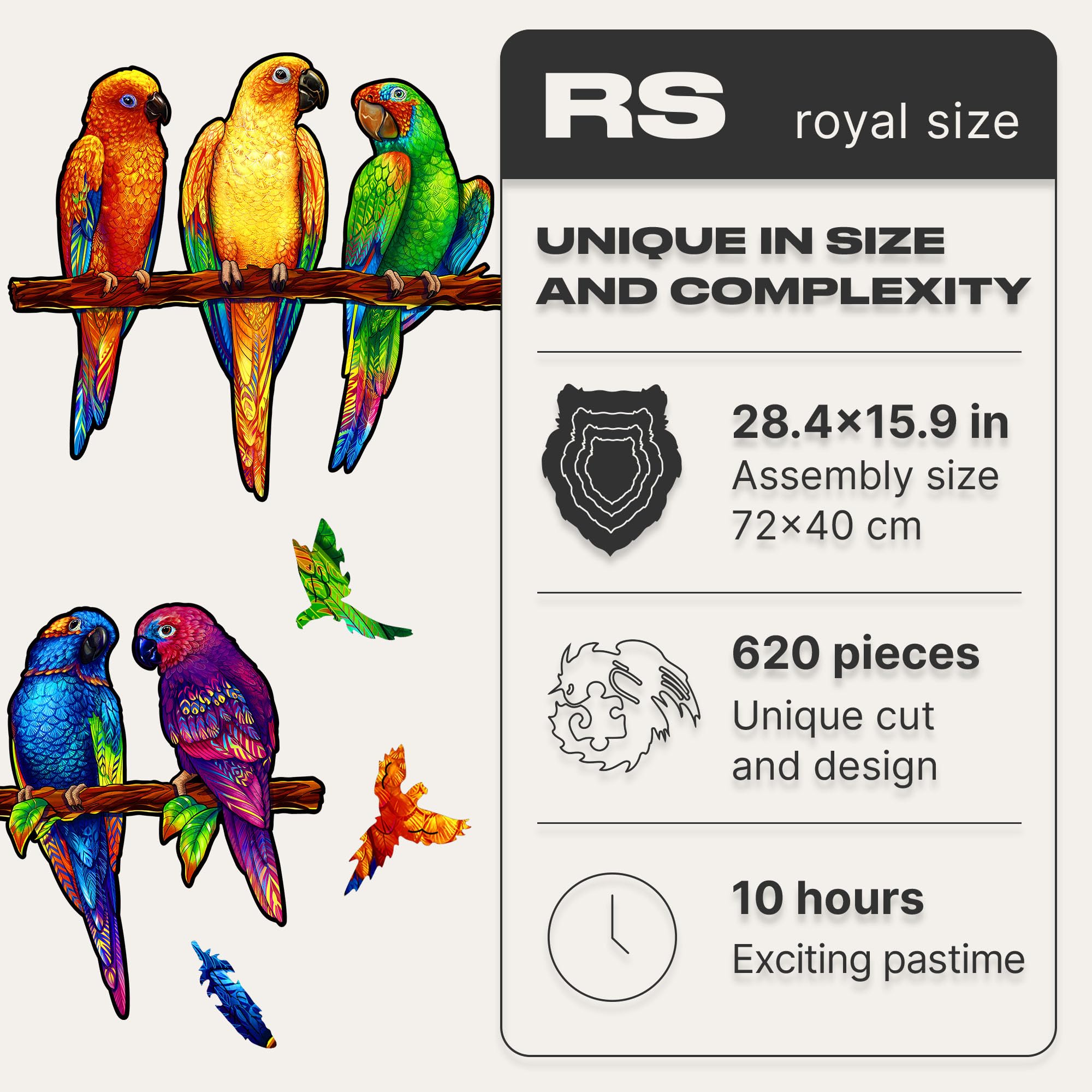 UNIDRAGON Original Wooden Jigsaw Puzzle - Playful Parrots 620 Pieces, Large 28.4