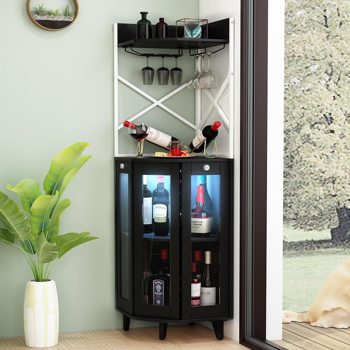 Farmhouse Style Locking Corner Bar Cabinet with Glass Door - Wine & Liquor Storage for Home Kitchen - Includes 2 Glass Holders & 2 Wine Racks - Perfect for Small Spaces, Dining Rooms & Entertaining Guests