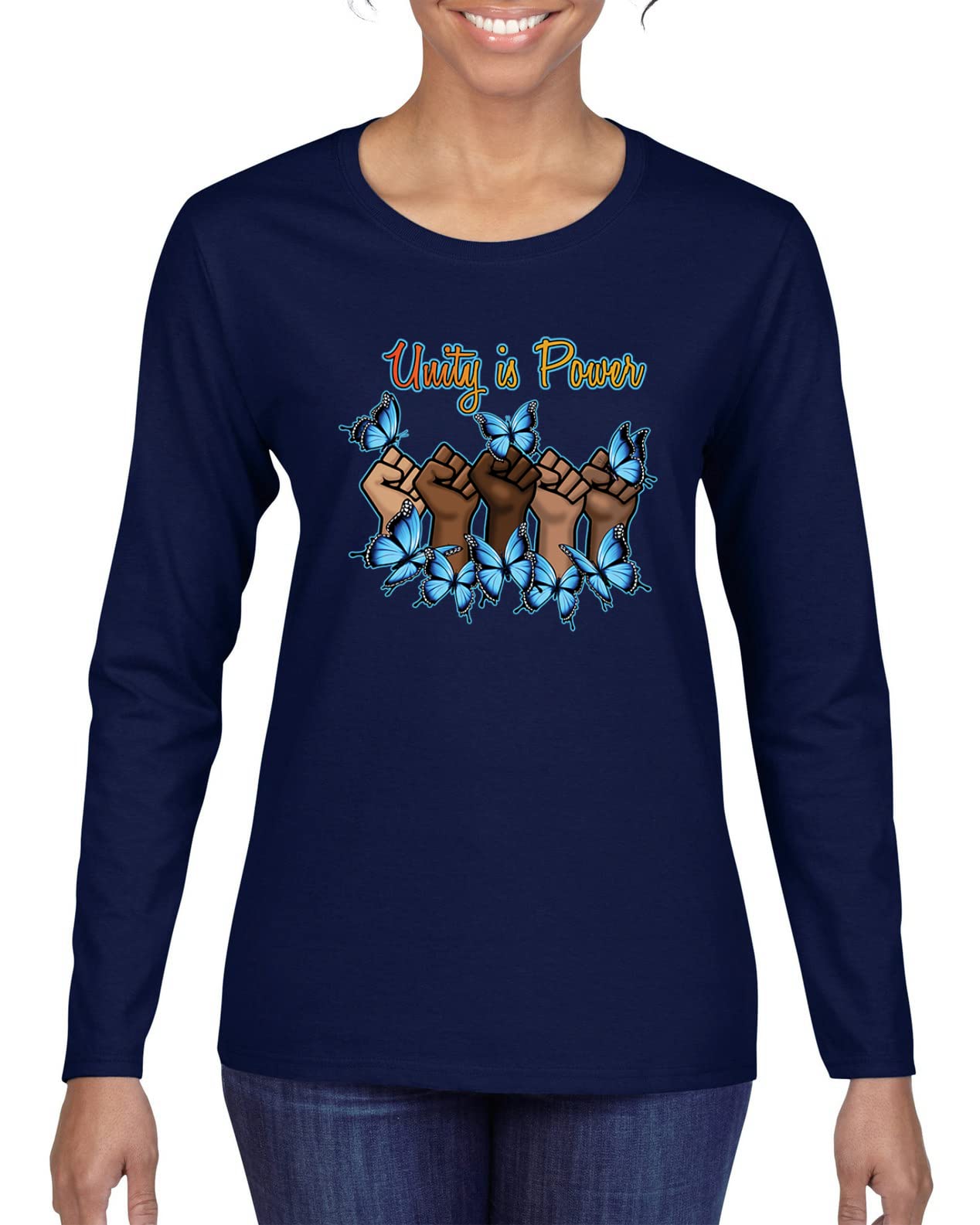 Wild Bobby Unity is Power Black Pride Women's Graphic Long Sleeve T-Shirt - Black History Month Apparel, African American Pride Tee for Women, Protest & Empowerment Clothing