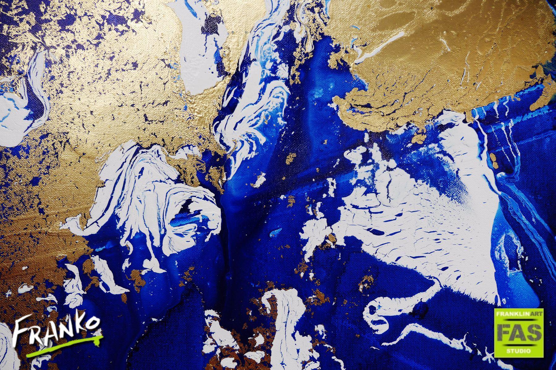 Fluid Gold 120x120cm Blue Metallic Gold Abstract Canvas Art - Modern Wall Decor for Living Room, Bedroom & Office