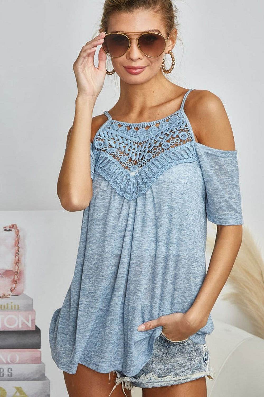 BiBi Front Crochet Lace Adjustable Strap Top - Women's Summer Boho Chic Blouse for Beach, Party & Date Night Outfits