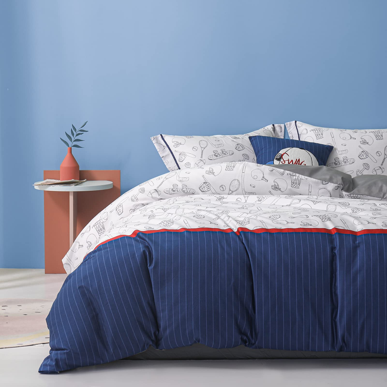 100% Organic Cotton Duvet Cover Set for Kids & Teens - 3 Piece Soft Cartoon Baseball Pattern Bedding with Zipper Closure - Twin Size - Perfect for Boys' Room Decor & Cozy Sleep