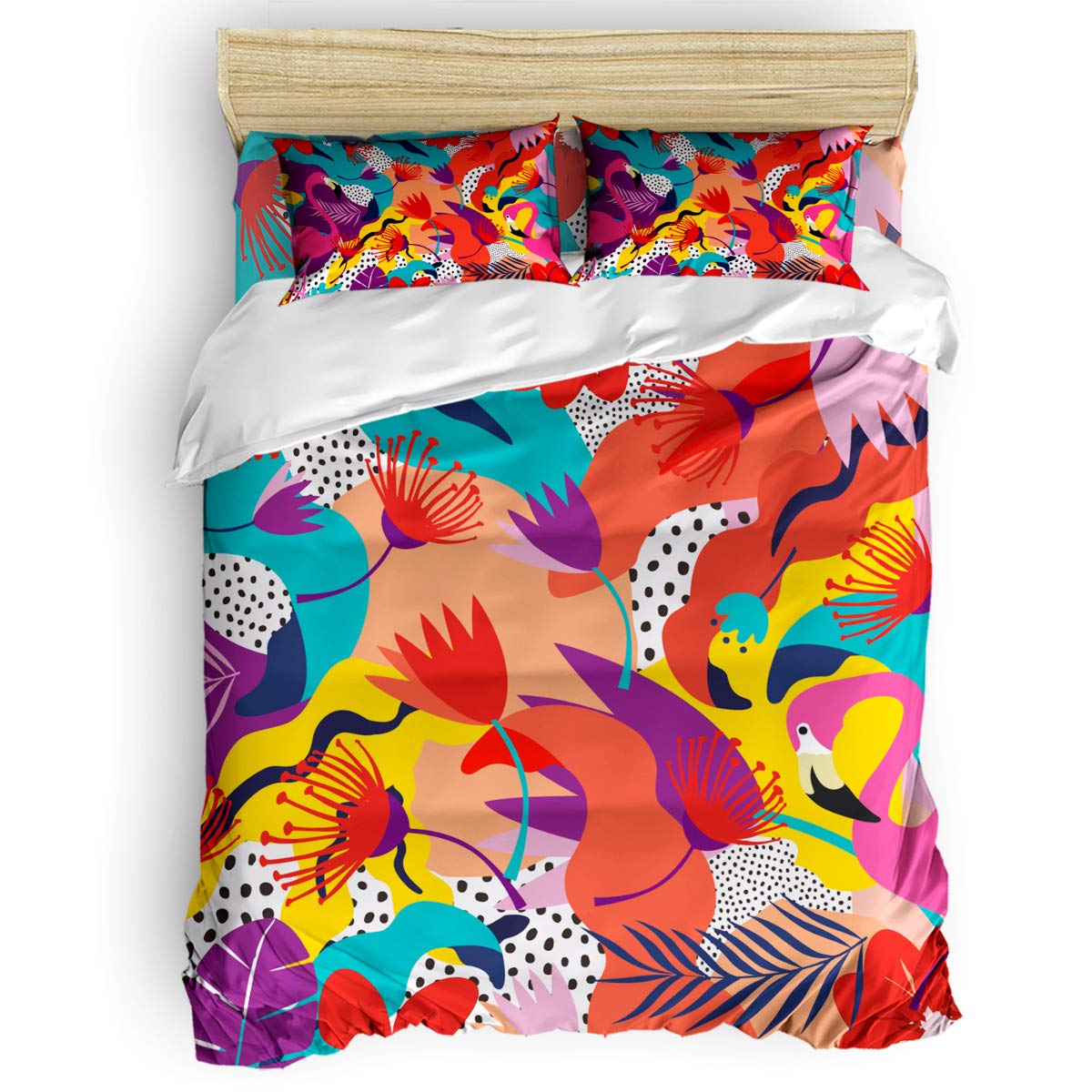 4-Piece Duvet Cover Set - Super Soft Flamingo Flower Pattern Bedding with Zipper | Queen Size Plush Comforter Cover for Boys & Girls | Perfect for Kids' Rooms, Guest Bedrooms & Dorm Decor